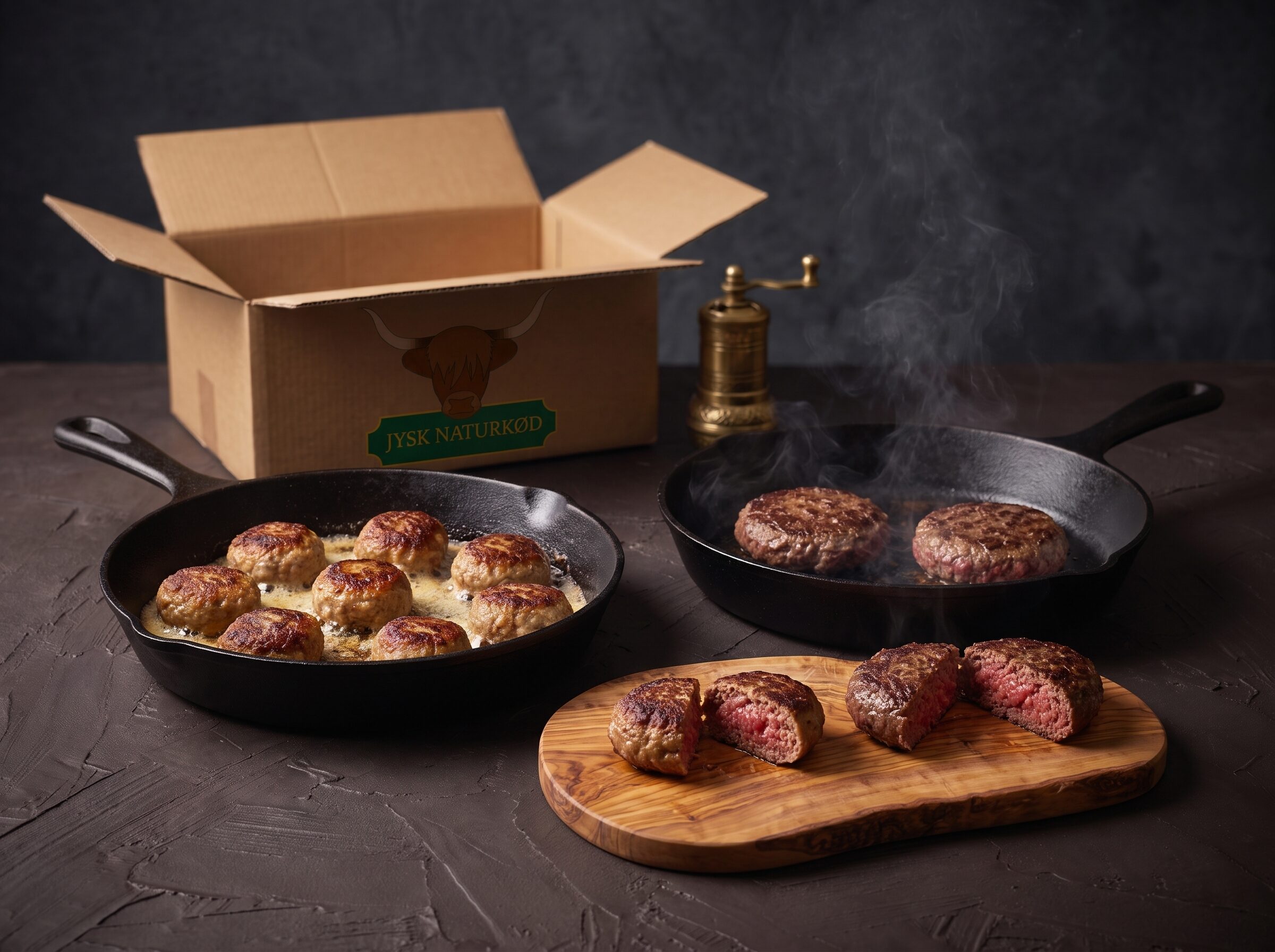 Frikadeller og hakkebøffer steges i støbejernspander