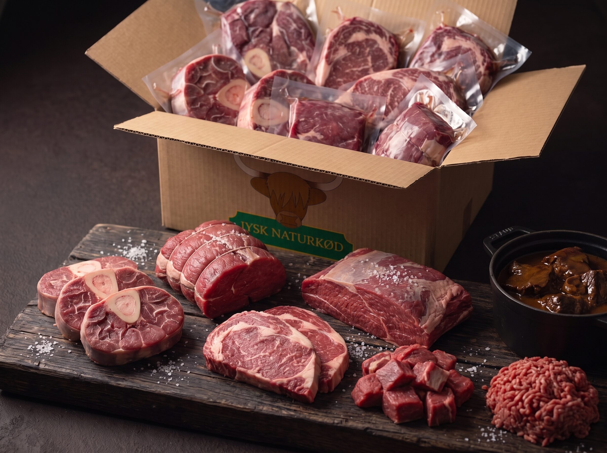 Den store oksekødskasse med osso buco, grydesteg, ribeye, spidsbryst og hakket oksekød