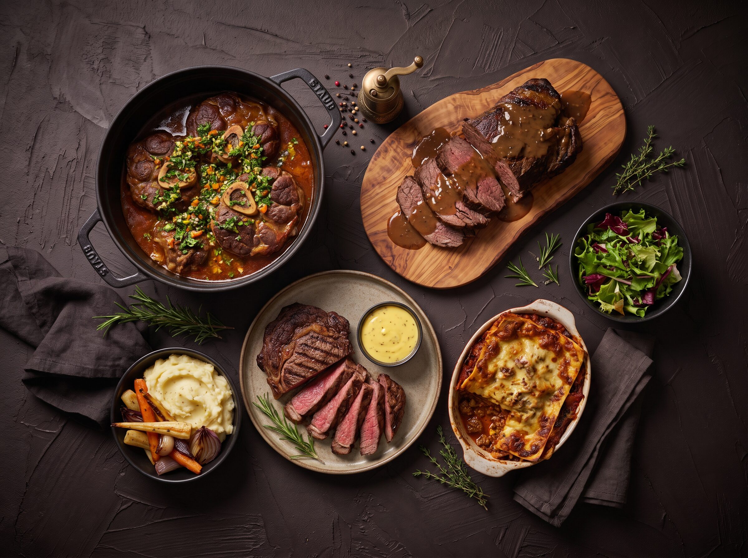 Oksekødsmiddag med osso buco, grydesteg, ribeye med béarnaise og lasagne
