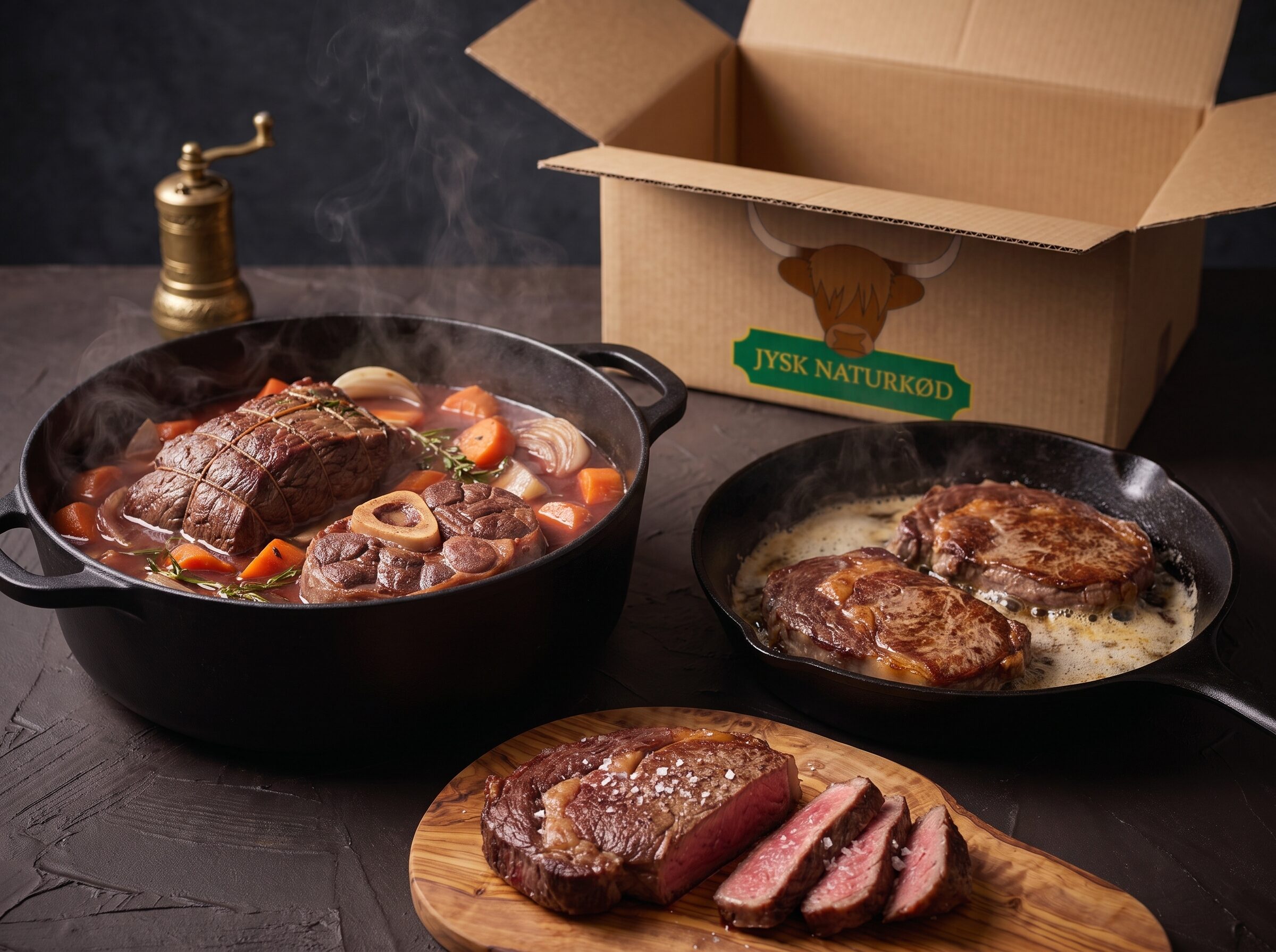 Grydesteg og osso buco bræseres, ribeye steges ved siden af