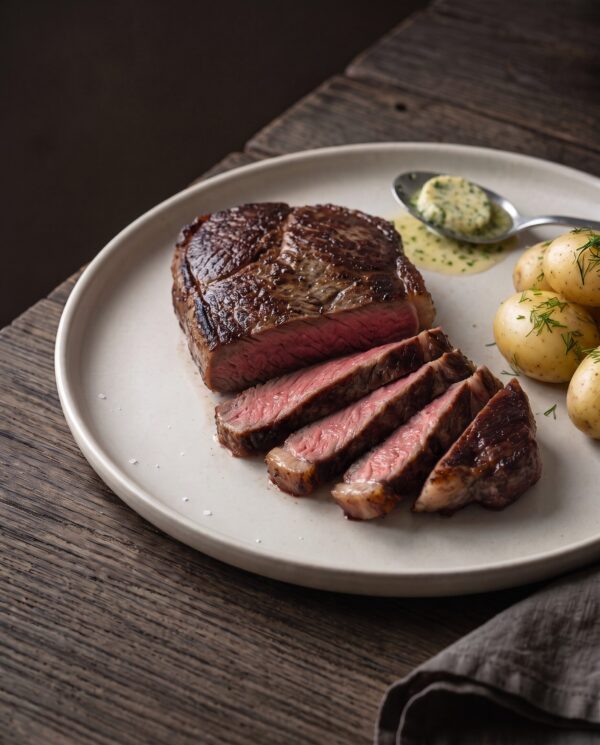 Stegt engelsk bøf af græsfodret kødkvæg skåret i skiver med rosa midte, serveret med nye kartofler, dild og kryddersmør.