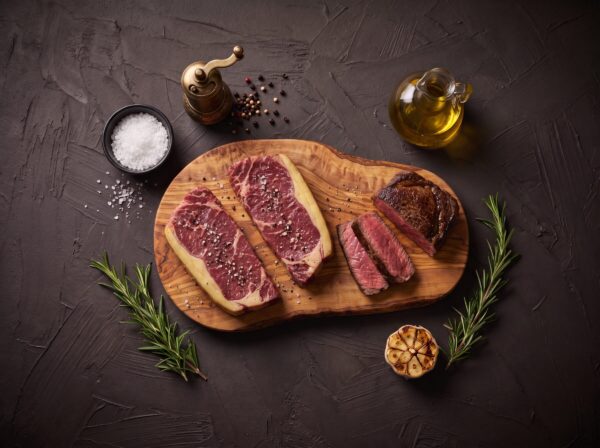 Rå entrecôte bøffer på træbræt med salt og peber