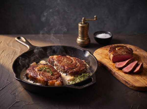 Entrecôte steges i støbejernspande med smør og timian