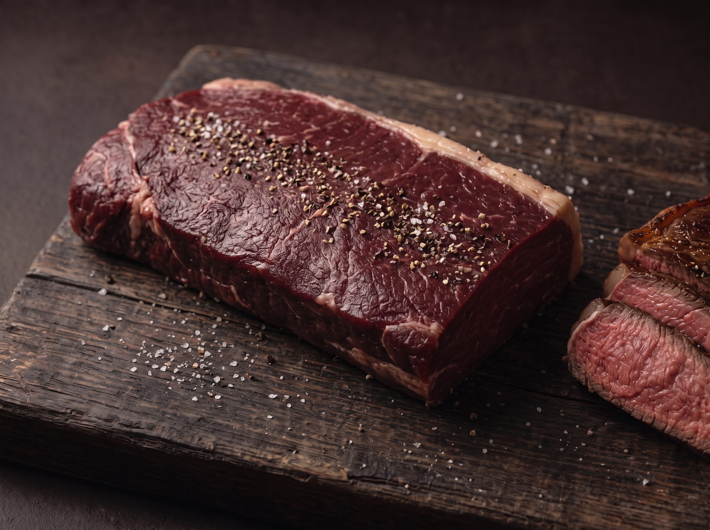 Rå filet af dansk bison med groft salt og peber på et mørkt træbræt, med stegte skiver med rød midte ved siden af.