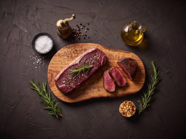 Rå filet af dansk bison med groft salt, peber og rosmarin på et oliventræsbræt, med stegte skiver ved siden af.
