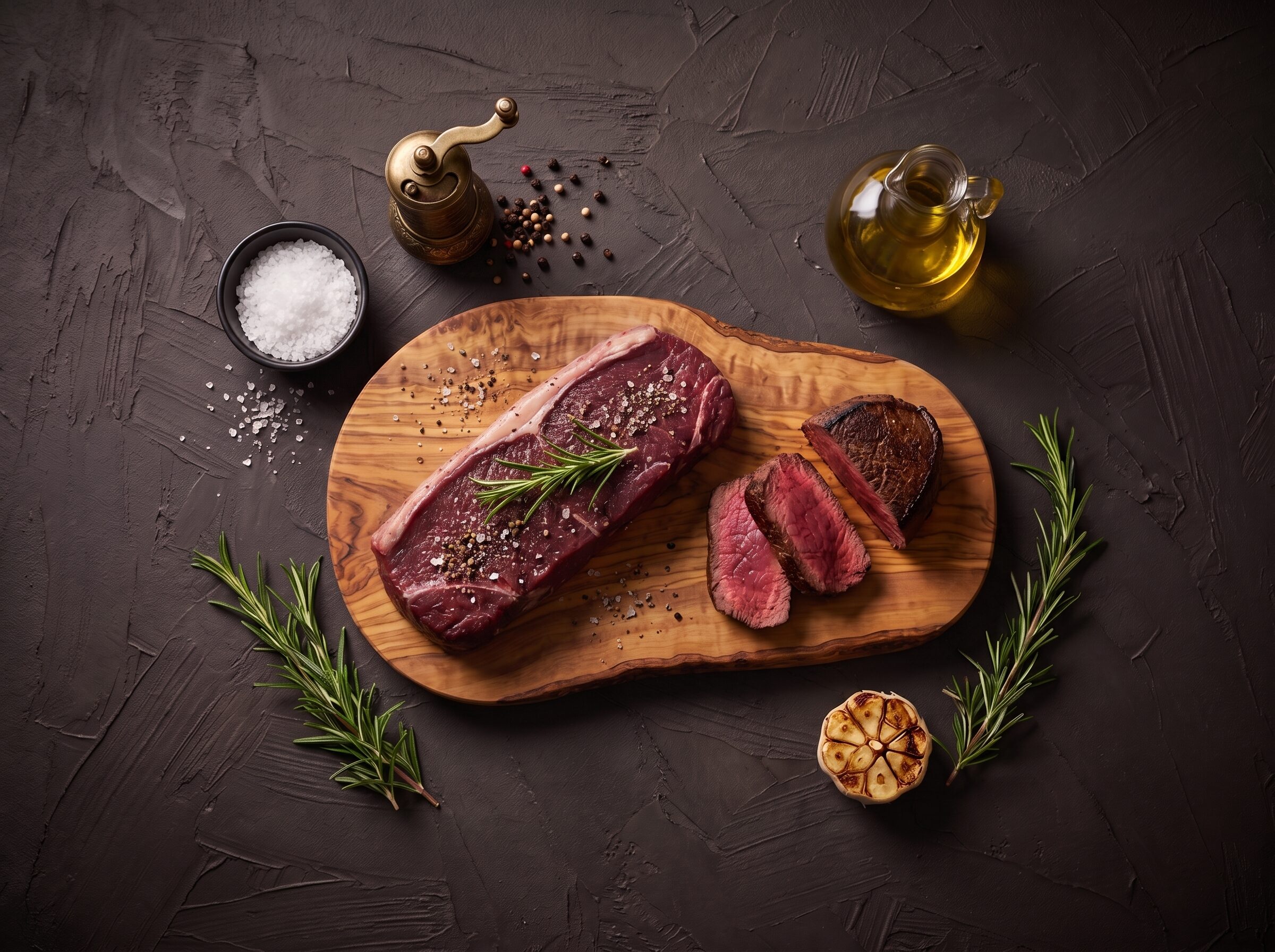 Rå filet af dansk bison med groft salt, peber og rosmarin på et oliventræsbræt, med stegte skiver ved siden af.