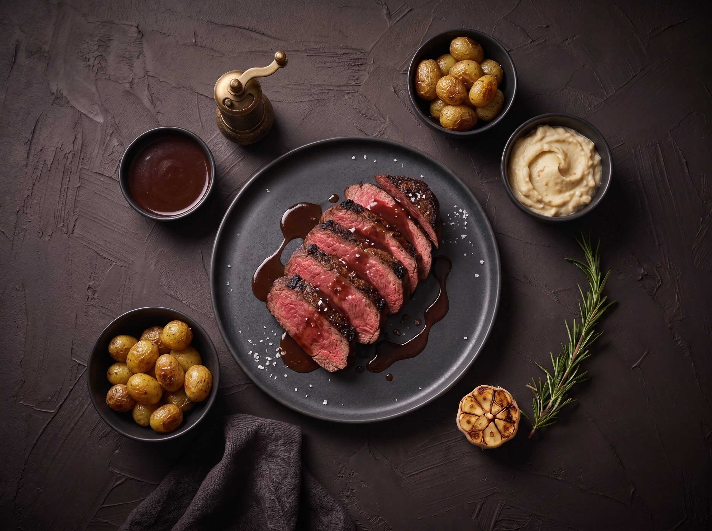 Skiver af stegt bisonfilet med rødvinssky på en mørk tallerken, med kartofler og sellerimos ved siden af.