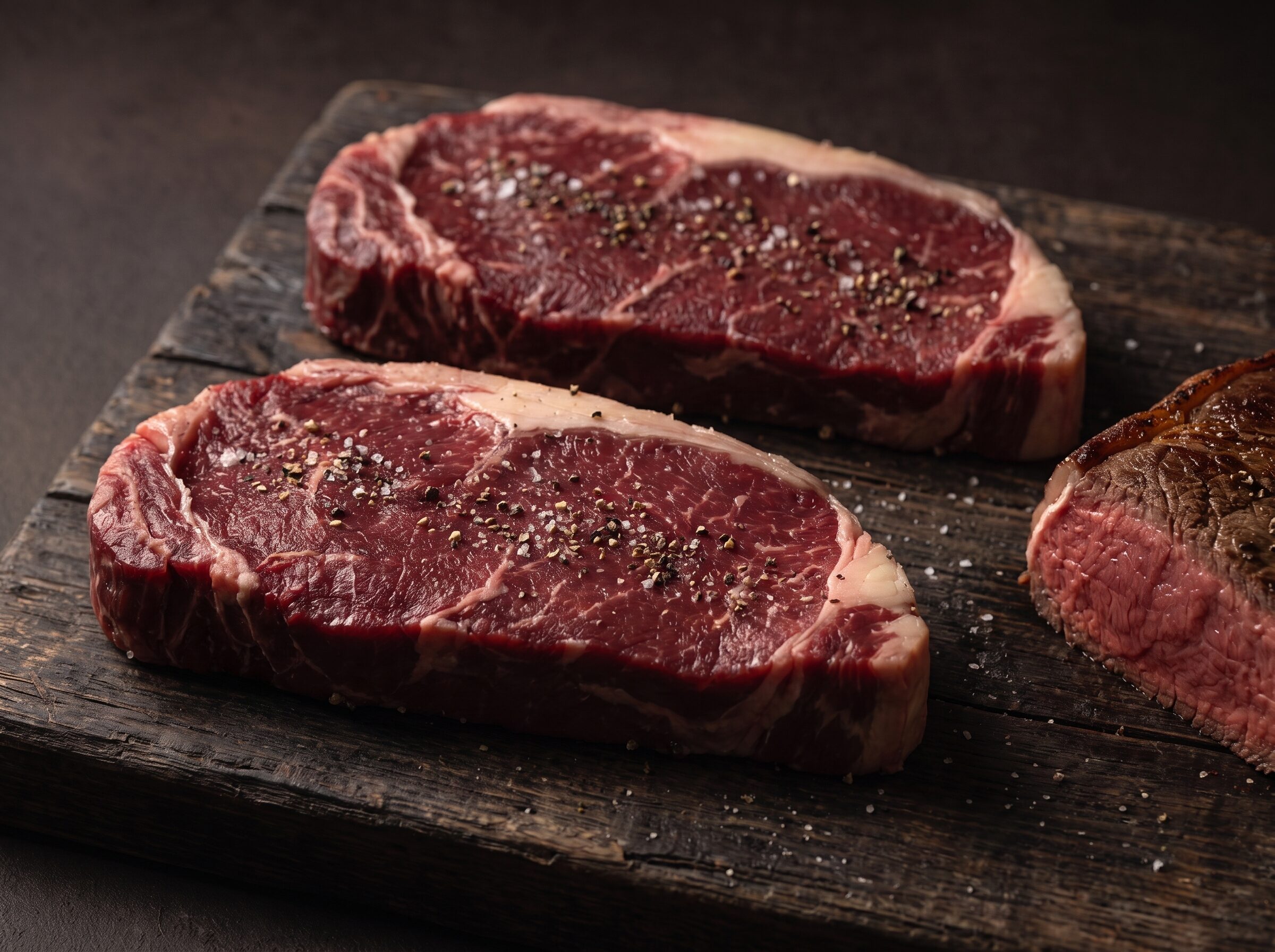 To rå bisonfilet-steaks med groft salt og peber på et mørkt træbræt, med en stegt steak med rød midte ved siden af.