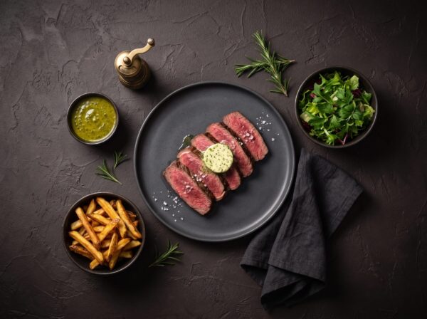 Bisonsteak i skiver med kryddersmør på en mørk tallerken, med pommes frites, grøn peberssauce og salat ved siden af.