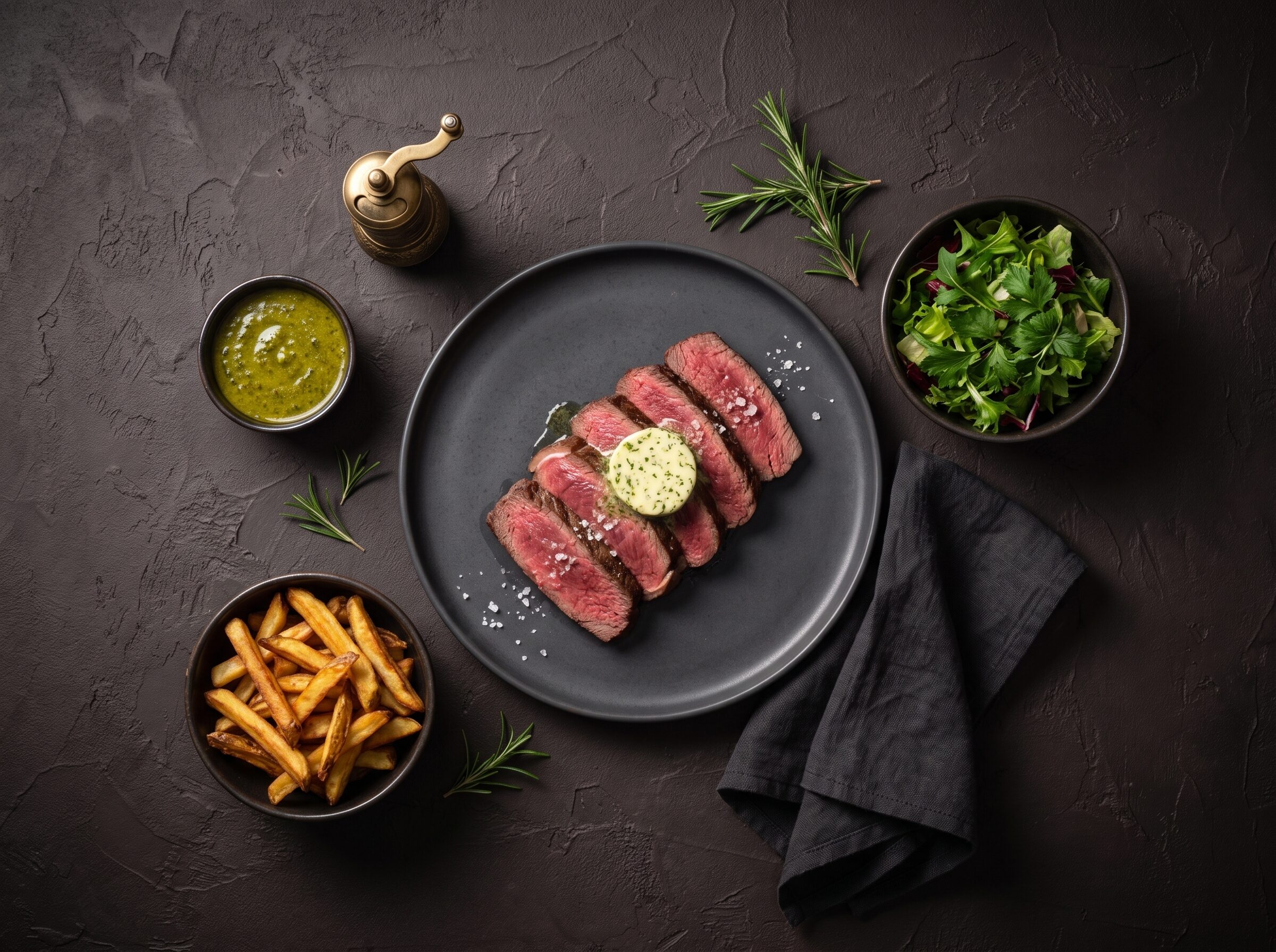 Bisonsteak i skiver med kryddersmør på en mørk tallerken, med pommes frites, grøn peberssauce og salat ved siden af.