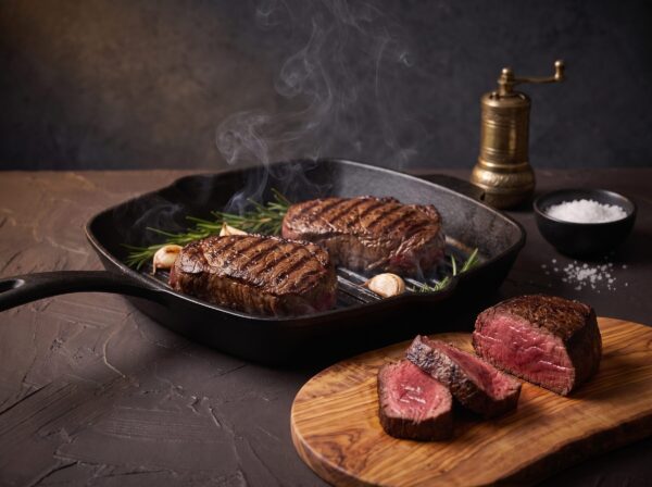 Bisonsteaks på en støbejerns grillpande med grillstriber, med en skåret steak der viser den røde midte.