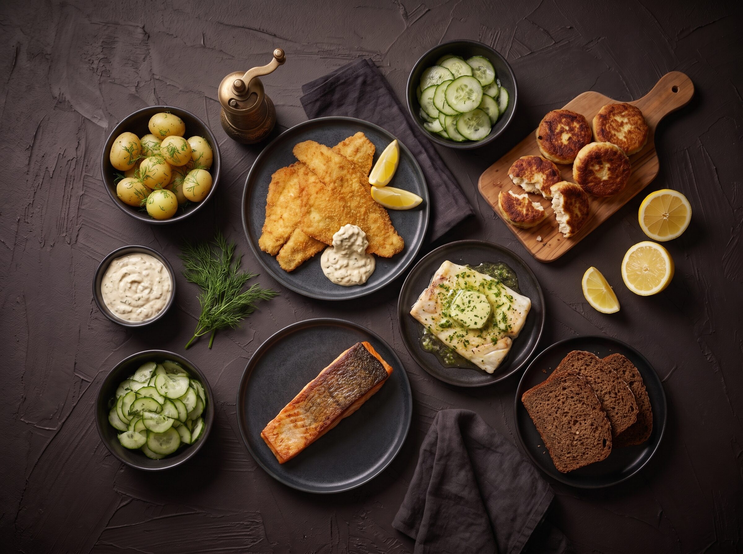 Fiskemiddage med rødspætte, mørksej, laks og fiskefrikadeller