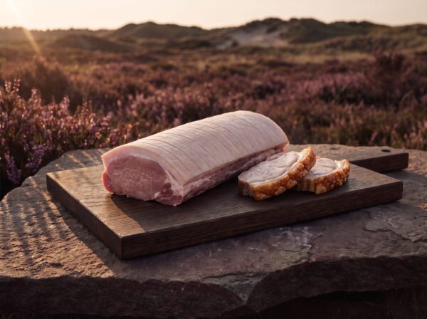 Rå flæskesteg fra Fyn med ridset svær på et mørkt egetræsbræt på heden, med to stegte skiver med sprød svær ved siden af.