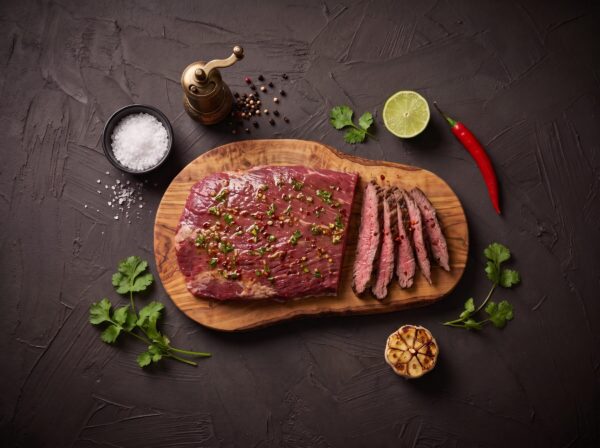 Marineret flanksteak med hvidløg, urter og chili på et oliventræsbræt, med lime og koriander omkring.