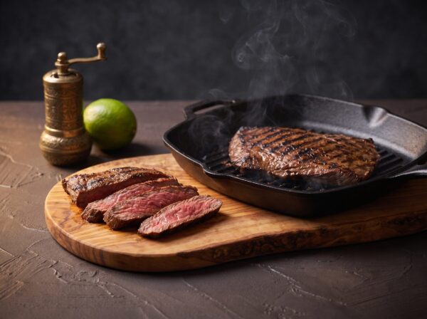 Flanksteak på en hed støbejerns grillpande, skåret på tværs af fibrene med lyserød midte.