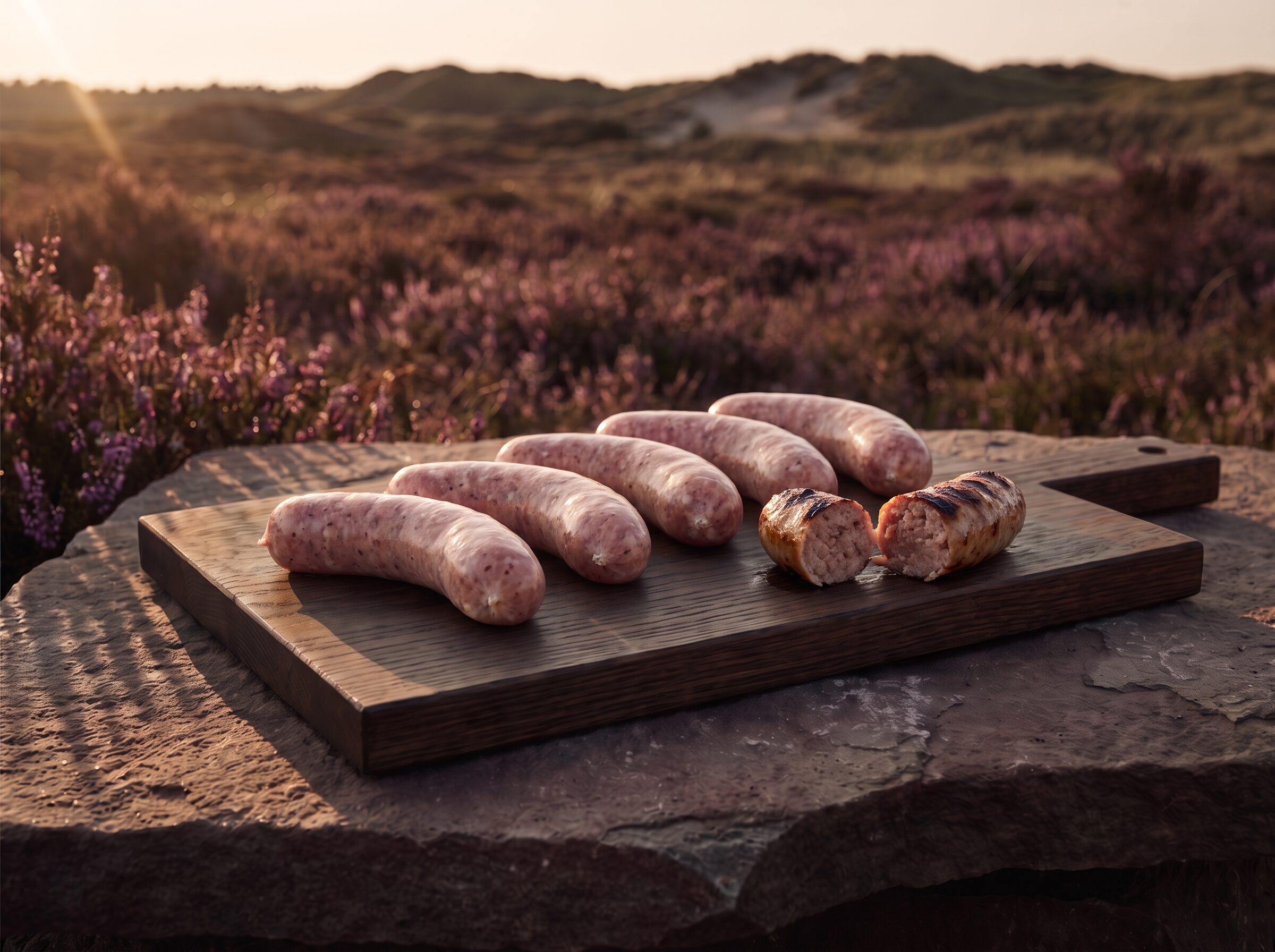 Fem rå grillmedistere af gris på et mørkt egetræsbræt på heden, med en grillet medister ved siden af.