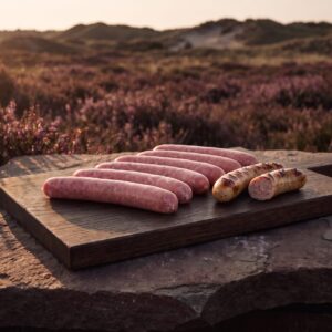 Fem rå grillpølser af gris på et mørkt egetræsbræt på heden, med grillede pølser ved siden af.
