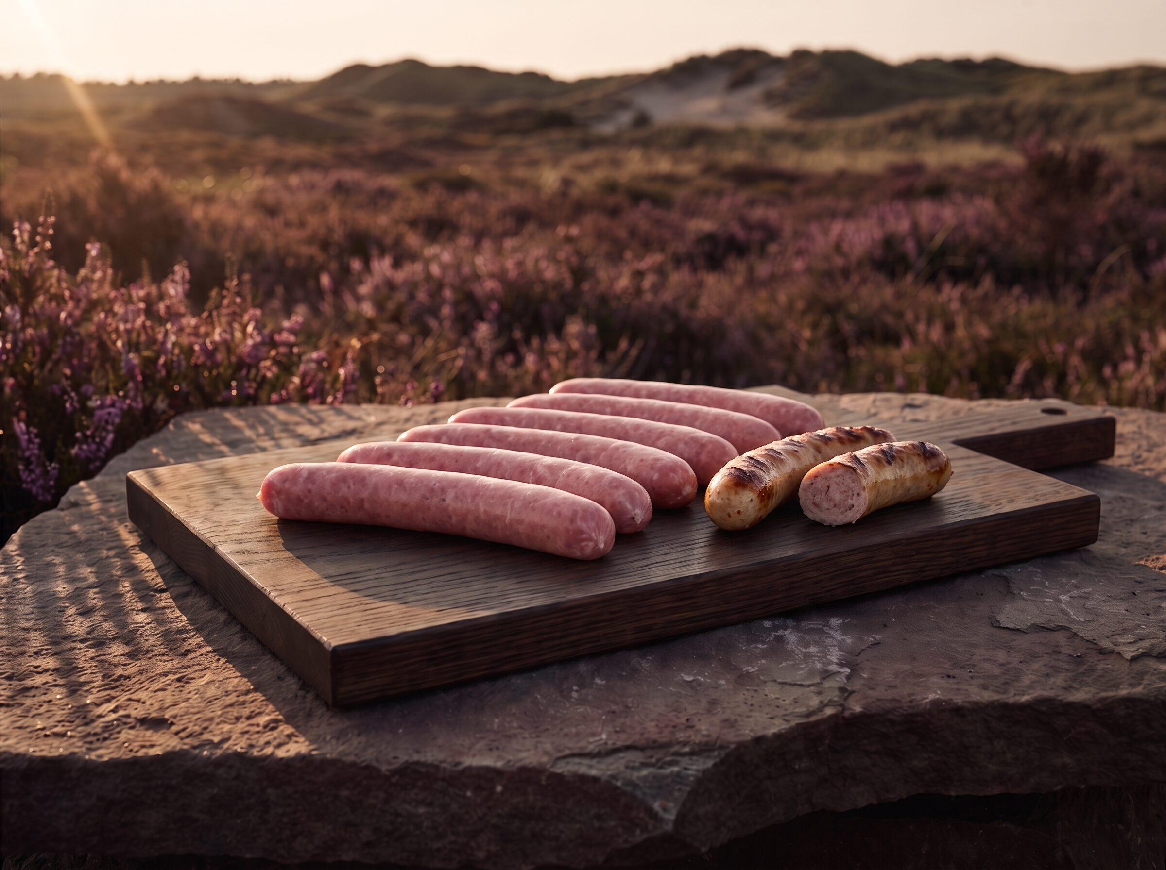 Fem rå grillpølser af gris på et mørkt egetræsbræt på heden, med grillede pølser ved siden af.