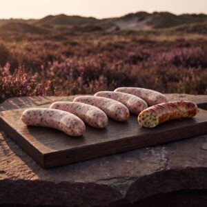 Fem rå grillpølser af gris med timian og ramsløg på et mørkt egetræsbræt på heden, med en grillet pølse ved siden af.