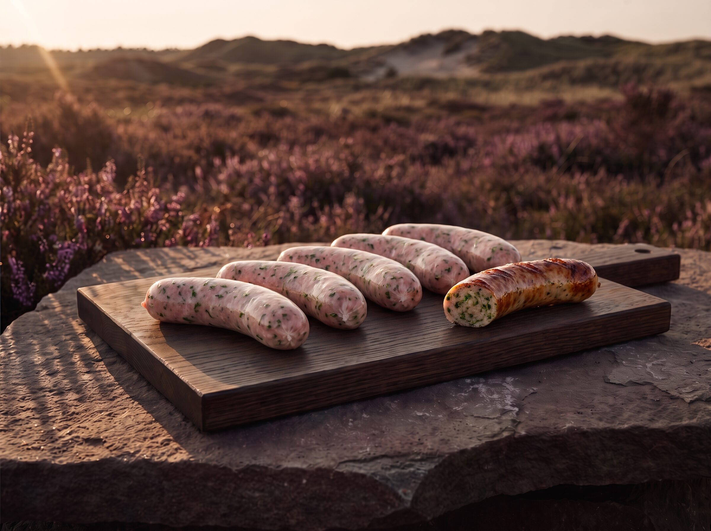 Fem rå grillpølser af gris med timian og ramsløg på et mørkt egetræsbræt på heden, med en grillet pølse ved siden af.
