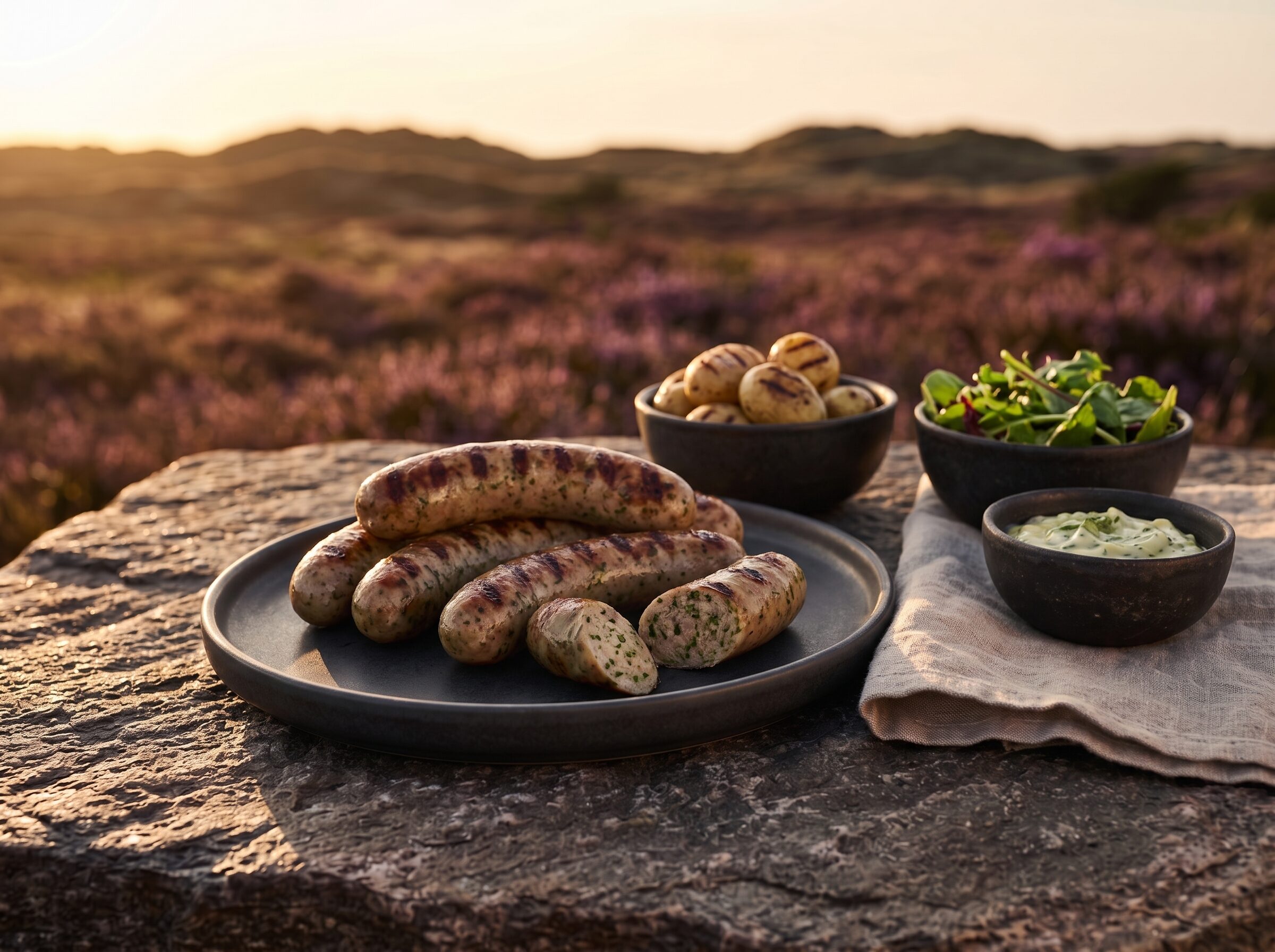 Grillede urtepølser på et mørkt fad på heden, med nye kartofler, grøn salat og urtemayonnaise ved siden af.
