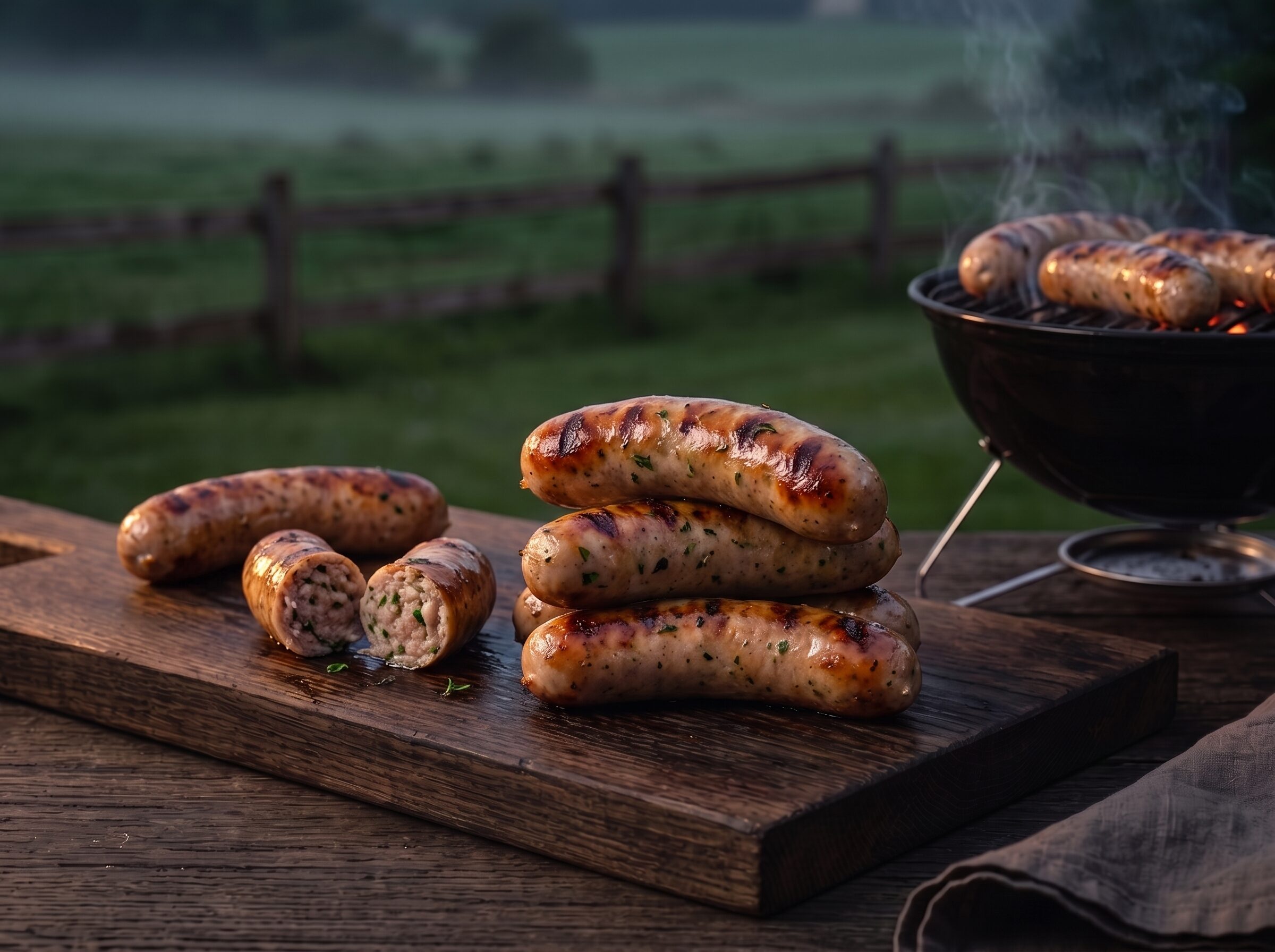 Grillpølser med timian og ramsløg fra kuglegrillen på gården, med en skåret pølse der viser de grønne urter.