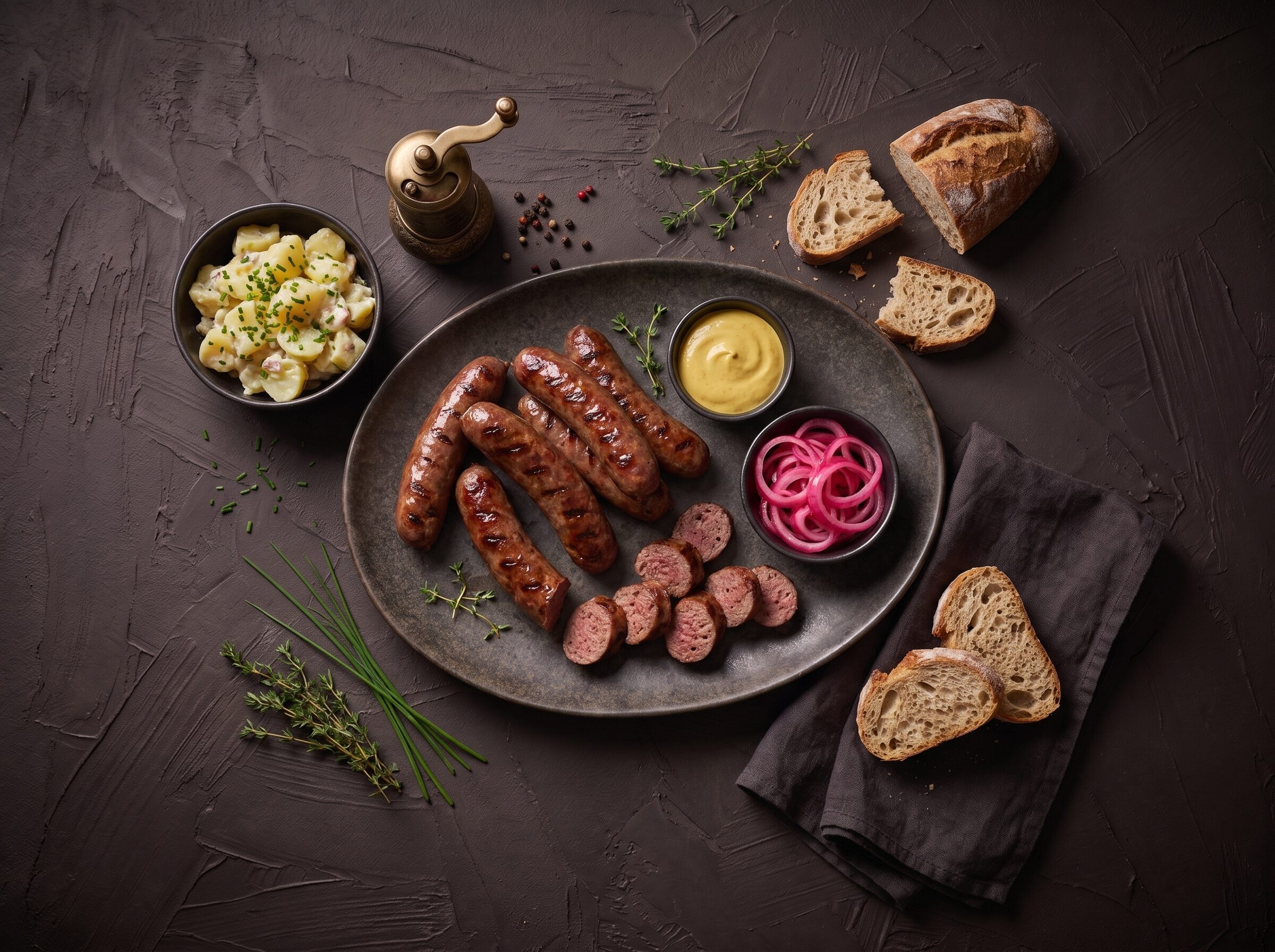 Grillede pølser med kartoffelsalat, sennep og syltede rødløg