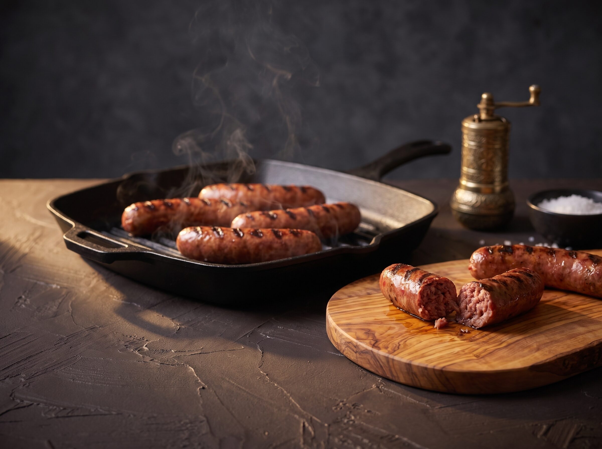 Grillpølser på grillpande med grillstriber