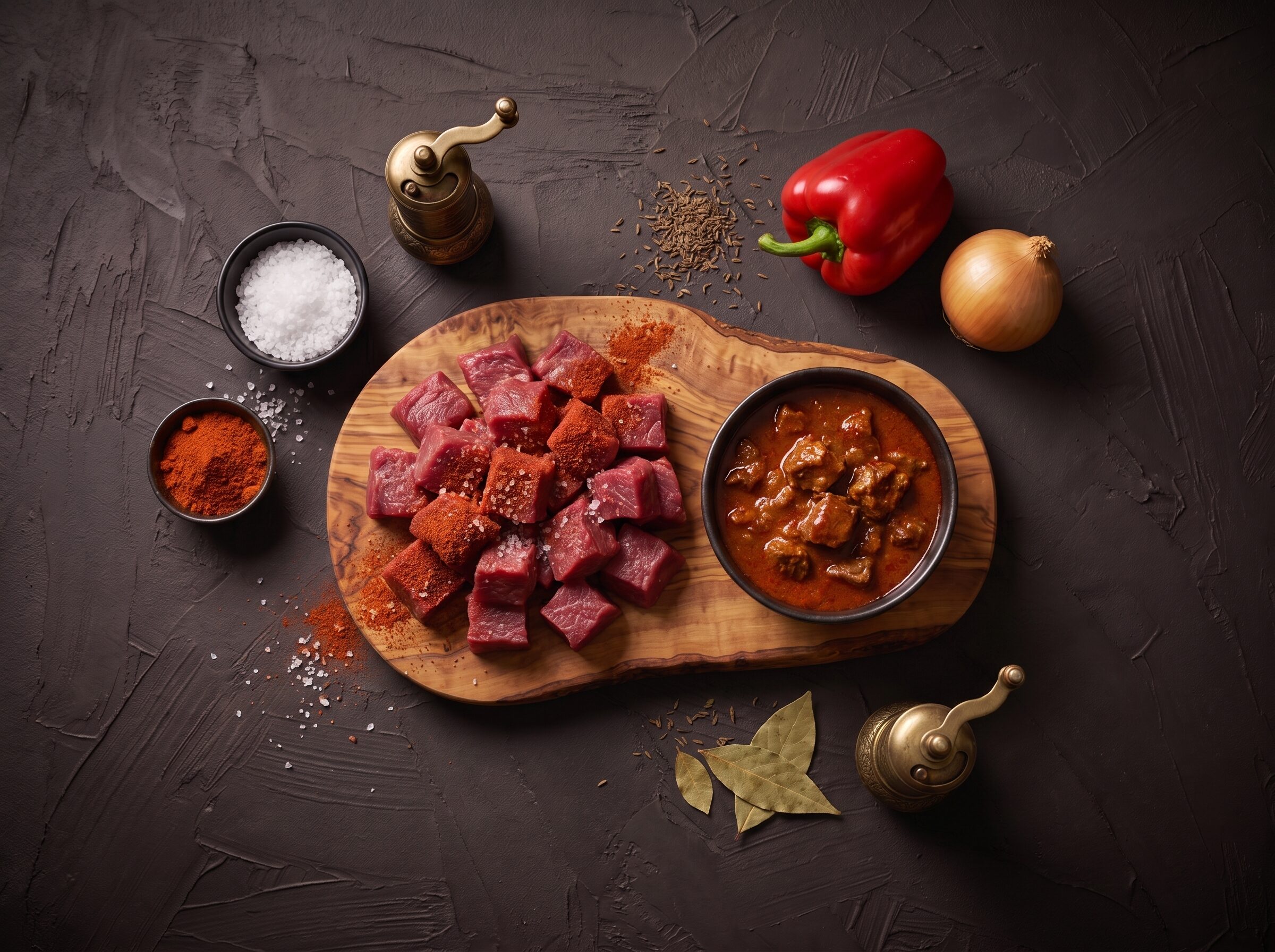 Gullaschtern med paprika og salt på et oliventræsbræt, med peberfrugt, løg og kommen omkring.