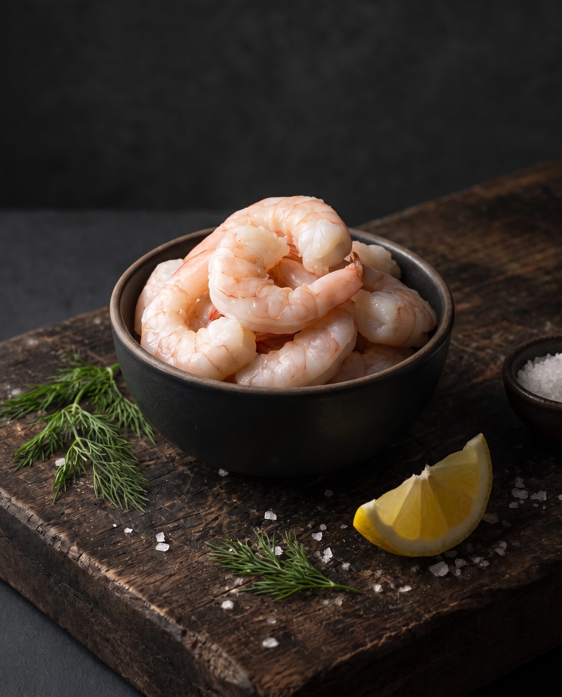 Håndpillede koldvandsrejer i en mørk skål med flagesalt, dild og citron.