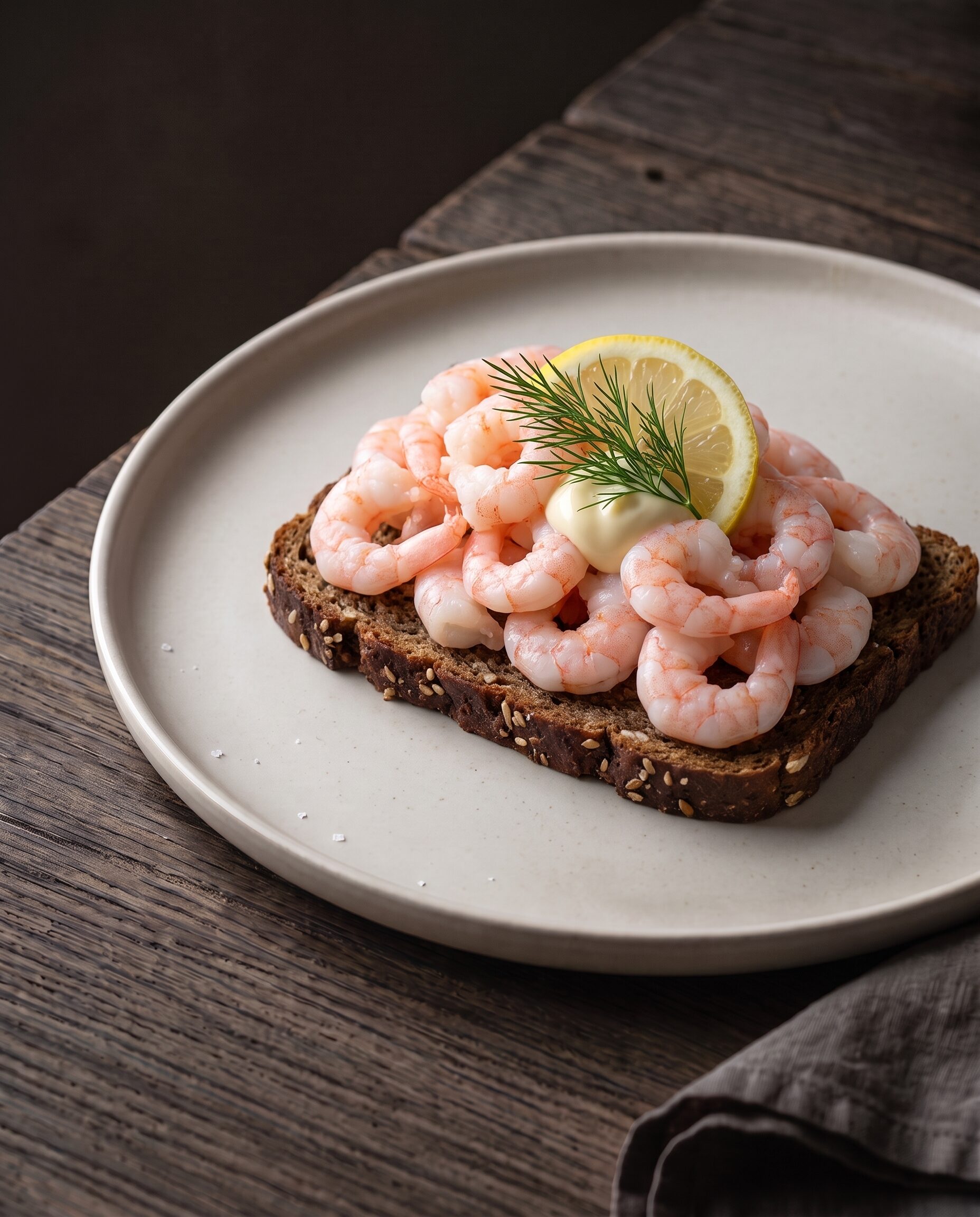 Smørrebrød med håndpillede rejer på rugbrød med mayonnaise, dild og citron.