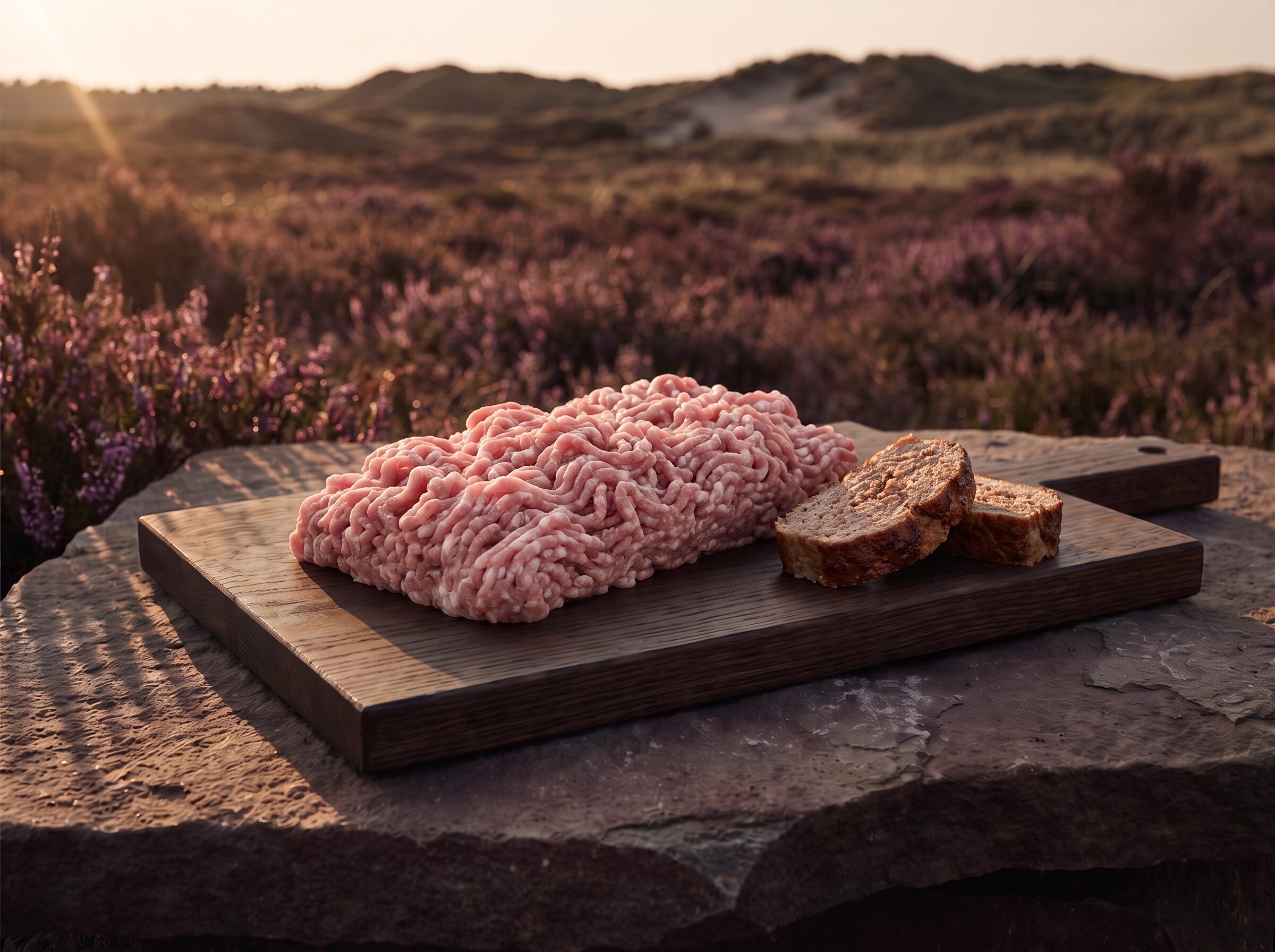 Hakket grisekød fra Fynbo-grisen på et mørkt egetræsbræt på heden, med to skiver farsbrød ved siden af.