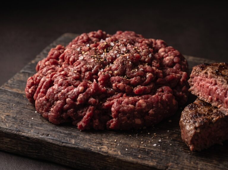 Hakket bisonkød 6-8 % på et mørkt træbræt, med en halveret grillet bisonbøf ved siden af.