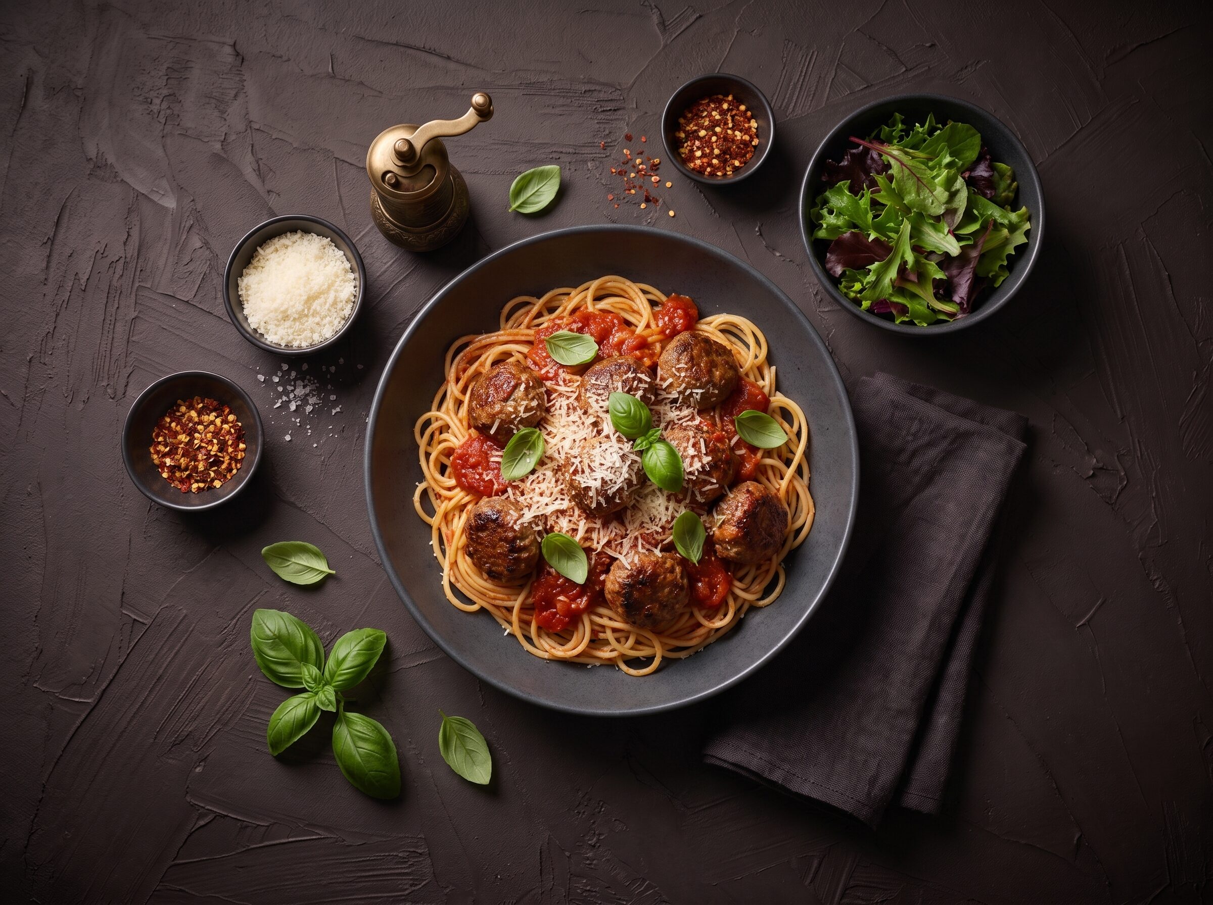 Spaghetti med kødboller i tomatsauce med parmesan og basilikum, med salat og chili ved siden af.