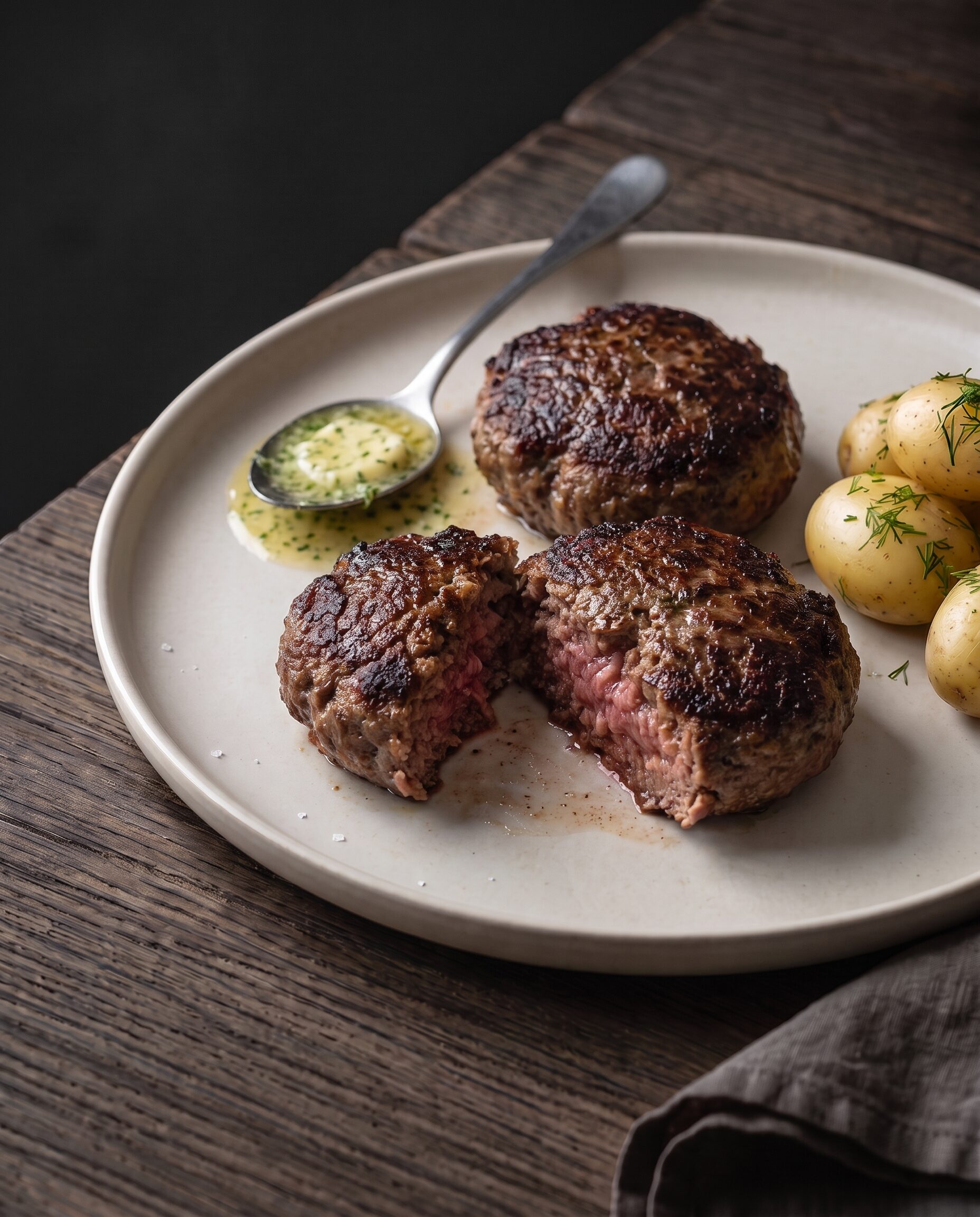 To stegte hakkebøffer af dansk vildtkød, den ene skåret over, serveret med nye kartofler, dild og kryddersmør.