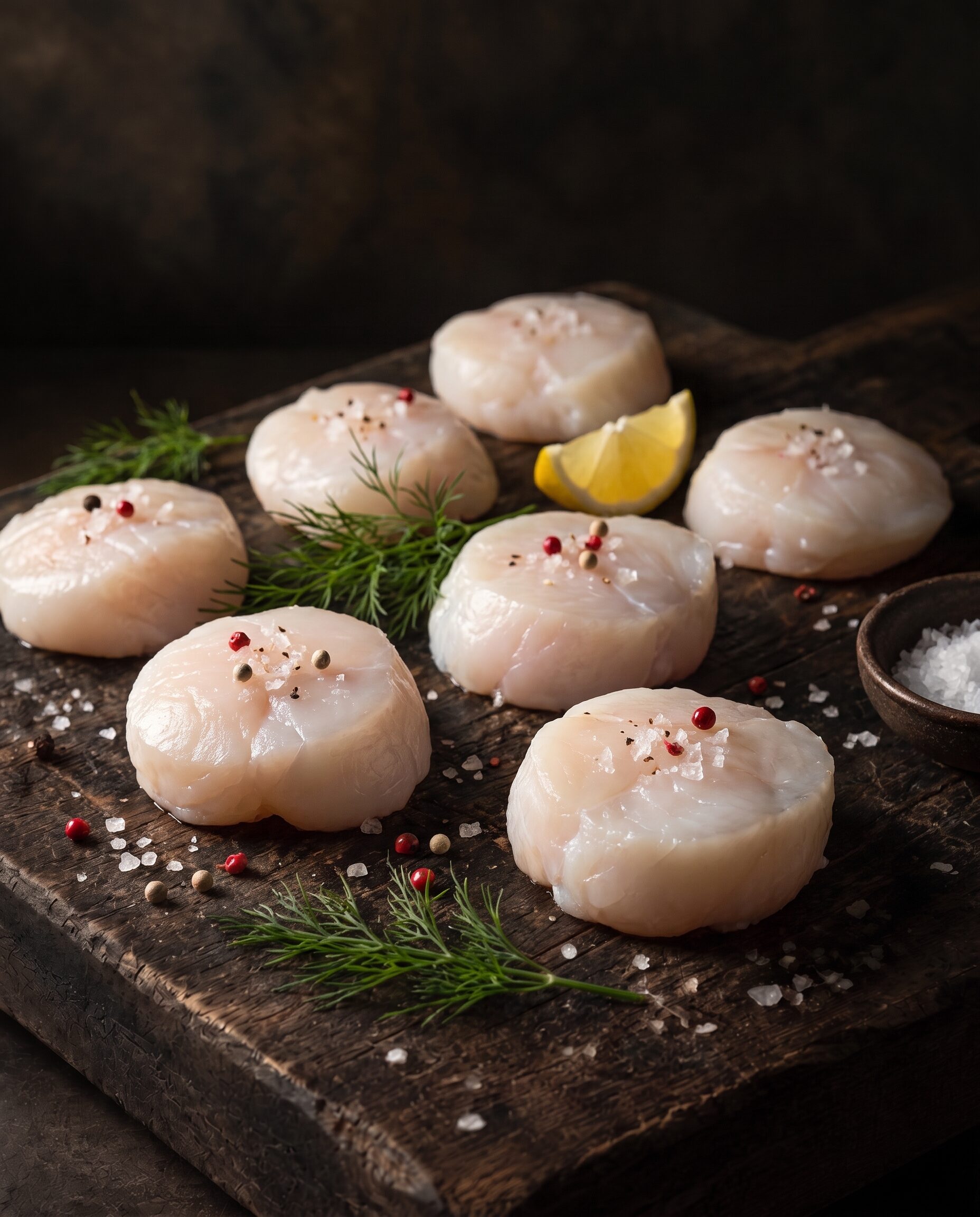 Rå havtaskekæber på et mørkt træbræt med flagesalt, peberkorn, dild og citron.
