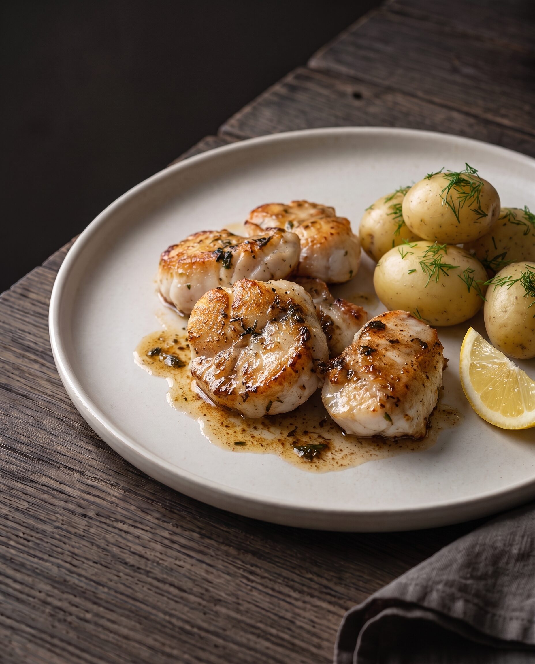 Stegte havtaskekæber med gylden skorpe i brunet smør, serveret med nye kartofler, dild og citron.