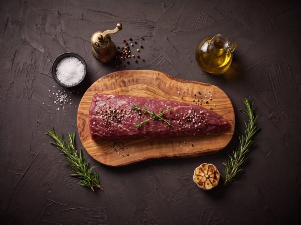 Hel oksemørbrad med salt, peber og timian på et oliventræsbræt, med salt, peberkværn, olie og hvidløg omkring.