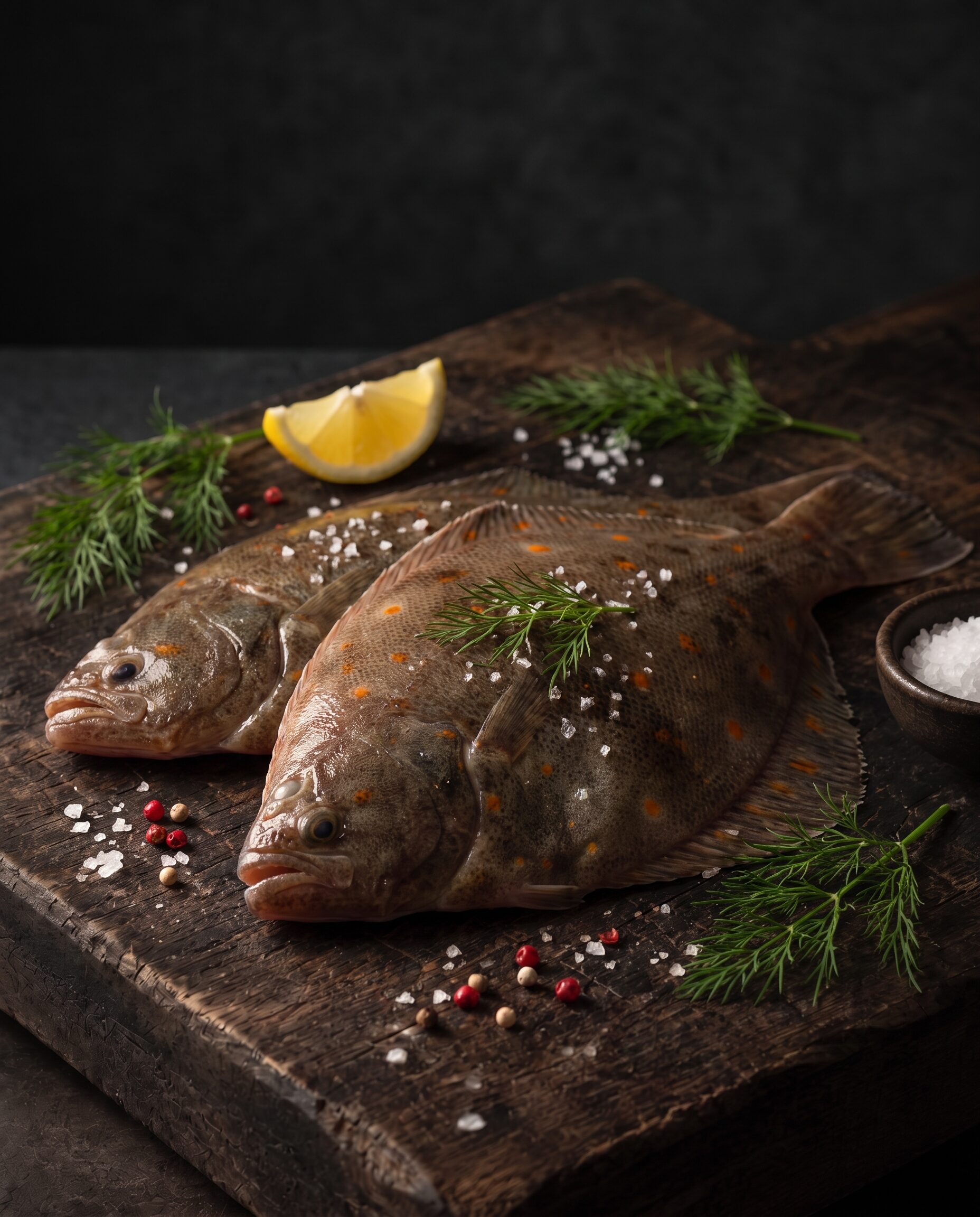 Hele rå rødspætter på et mørkt træbræt med flagesalt, peberkorn, dild og citron.