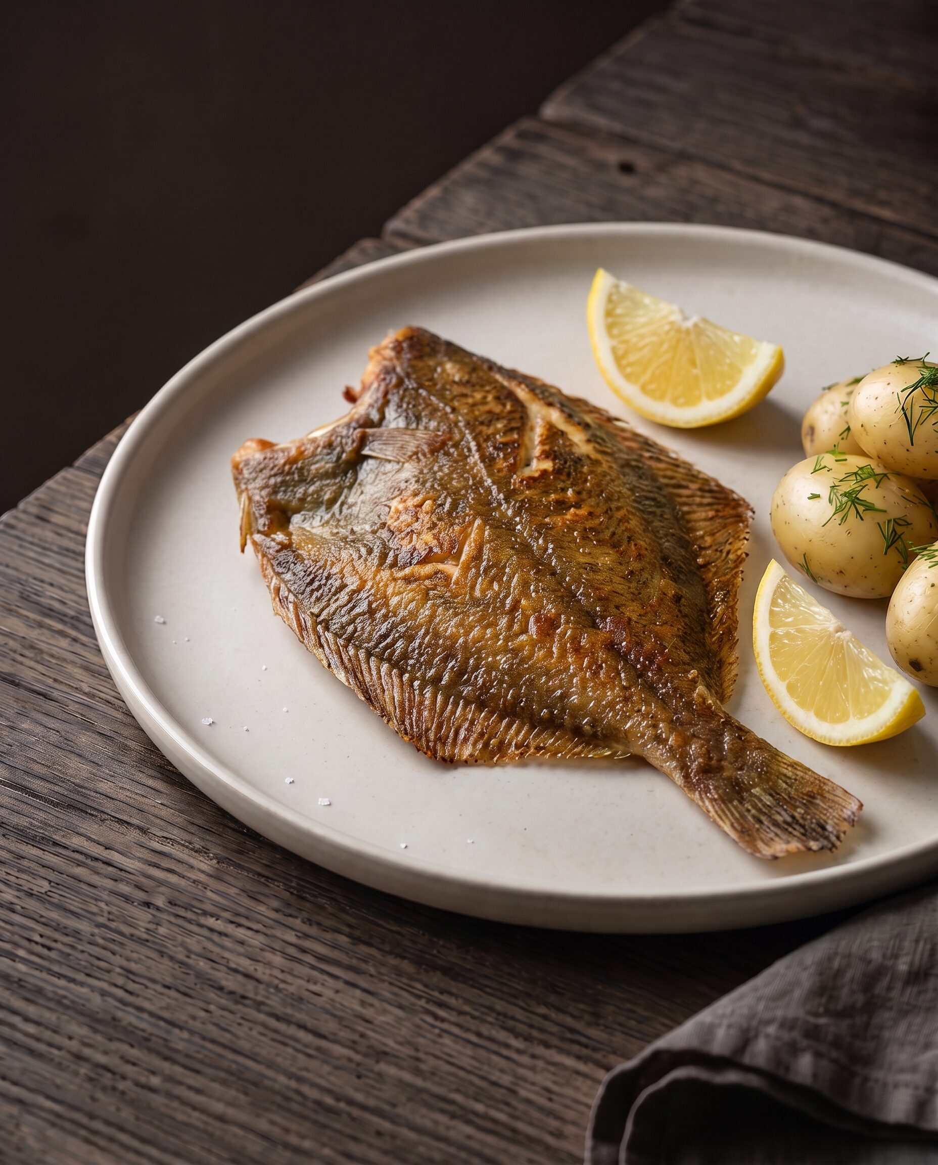 Hel stegt rødspætte i brunet smør, serveret med nye kartofler, dild og citron.