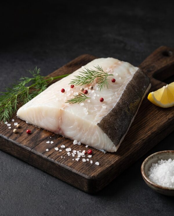 Rå helleflynder på et mørkt træbræt med flagesalt, peberkorn, dild og citron.