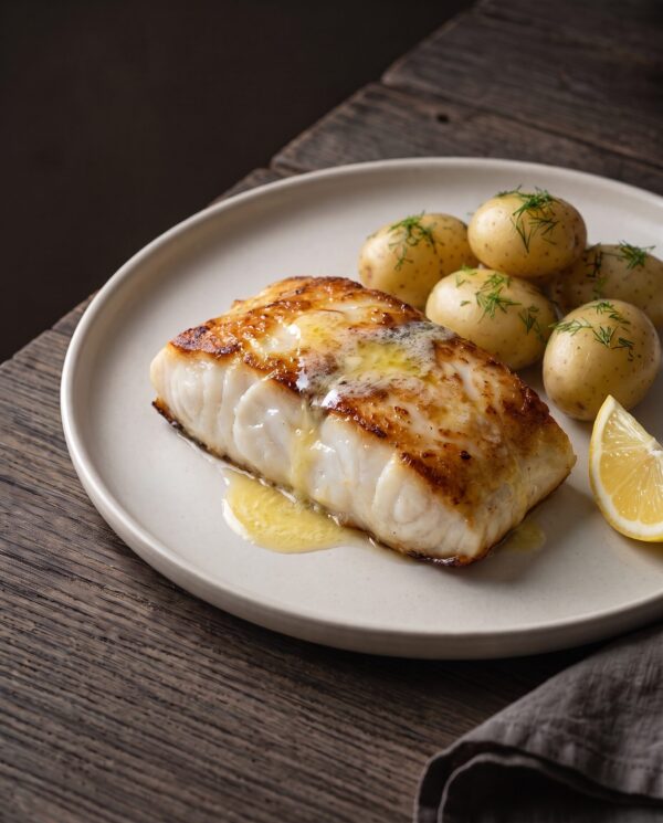 Stegt helleflynder med gylden skorpe, serveret med nye kartofler, dild, smør og citron.