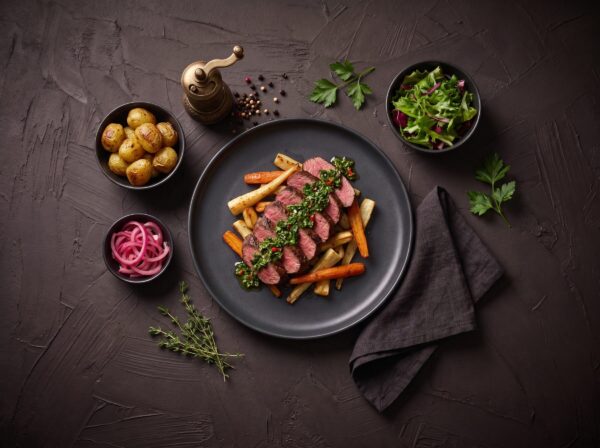 Stegt oksehjerte med chimichurri og ovnbagte rodfrugter