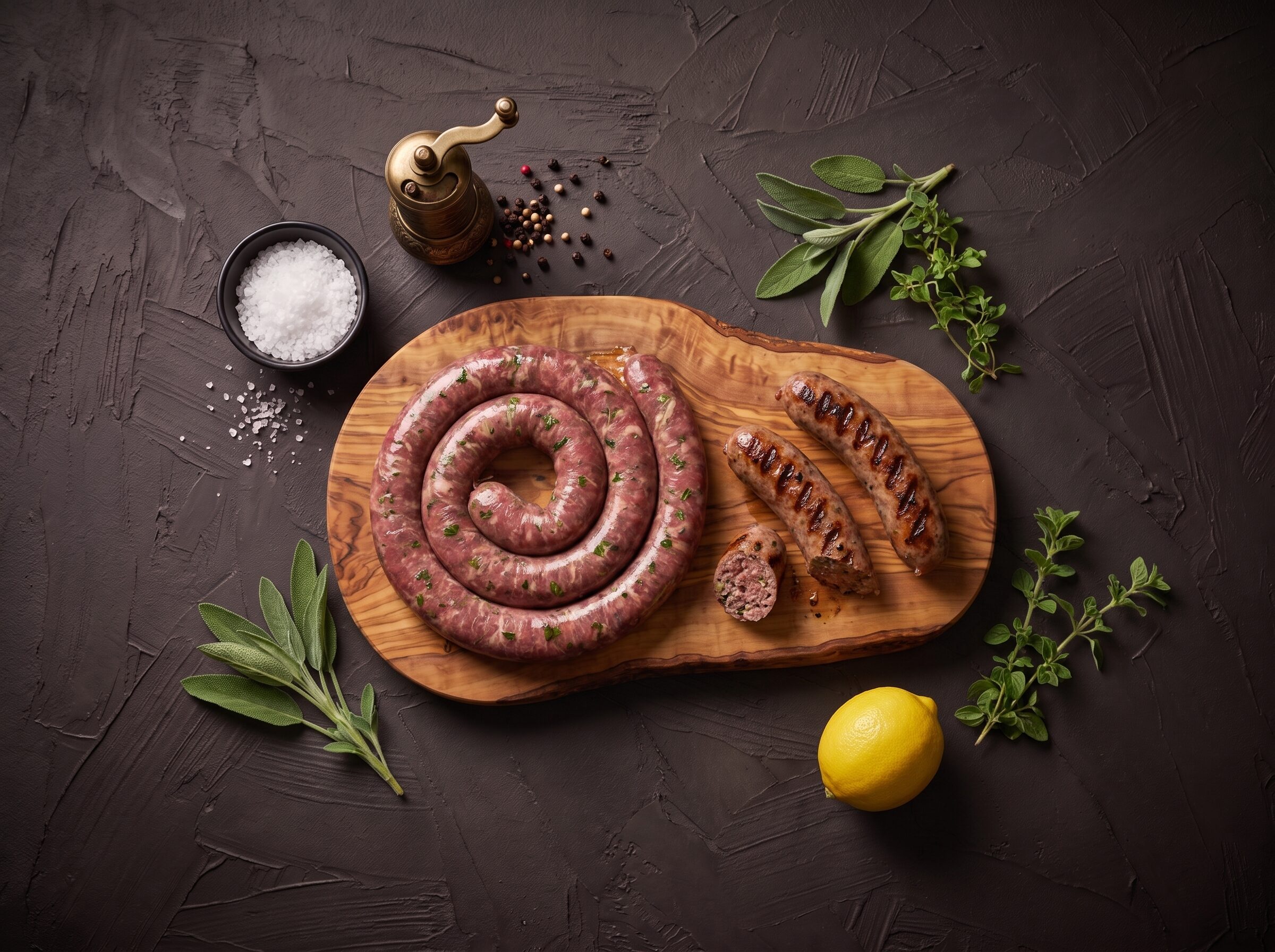 Rå grillpølser med salvie og oregano på træbræt