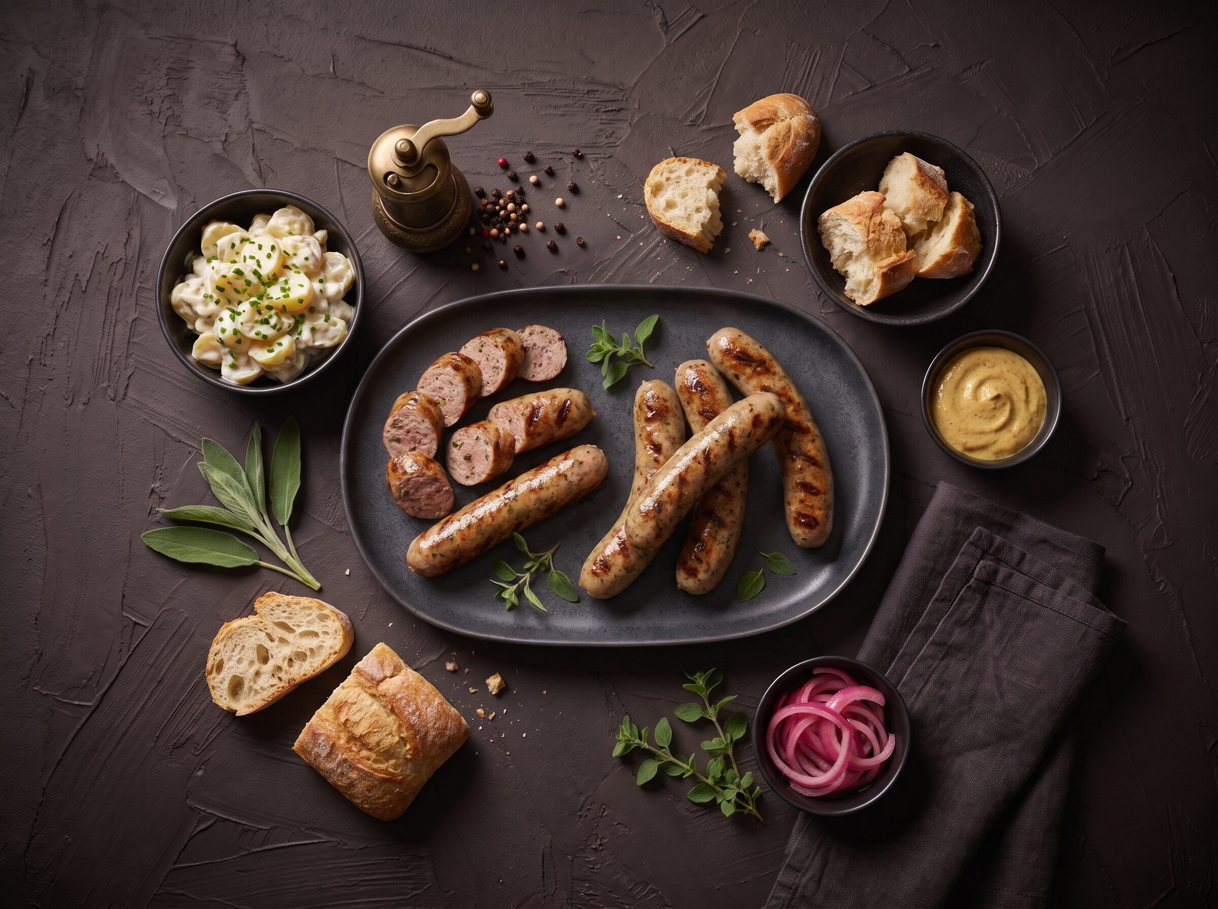Grillede urtepølser med kartoffelsalat og sennep