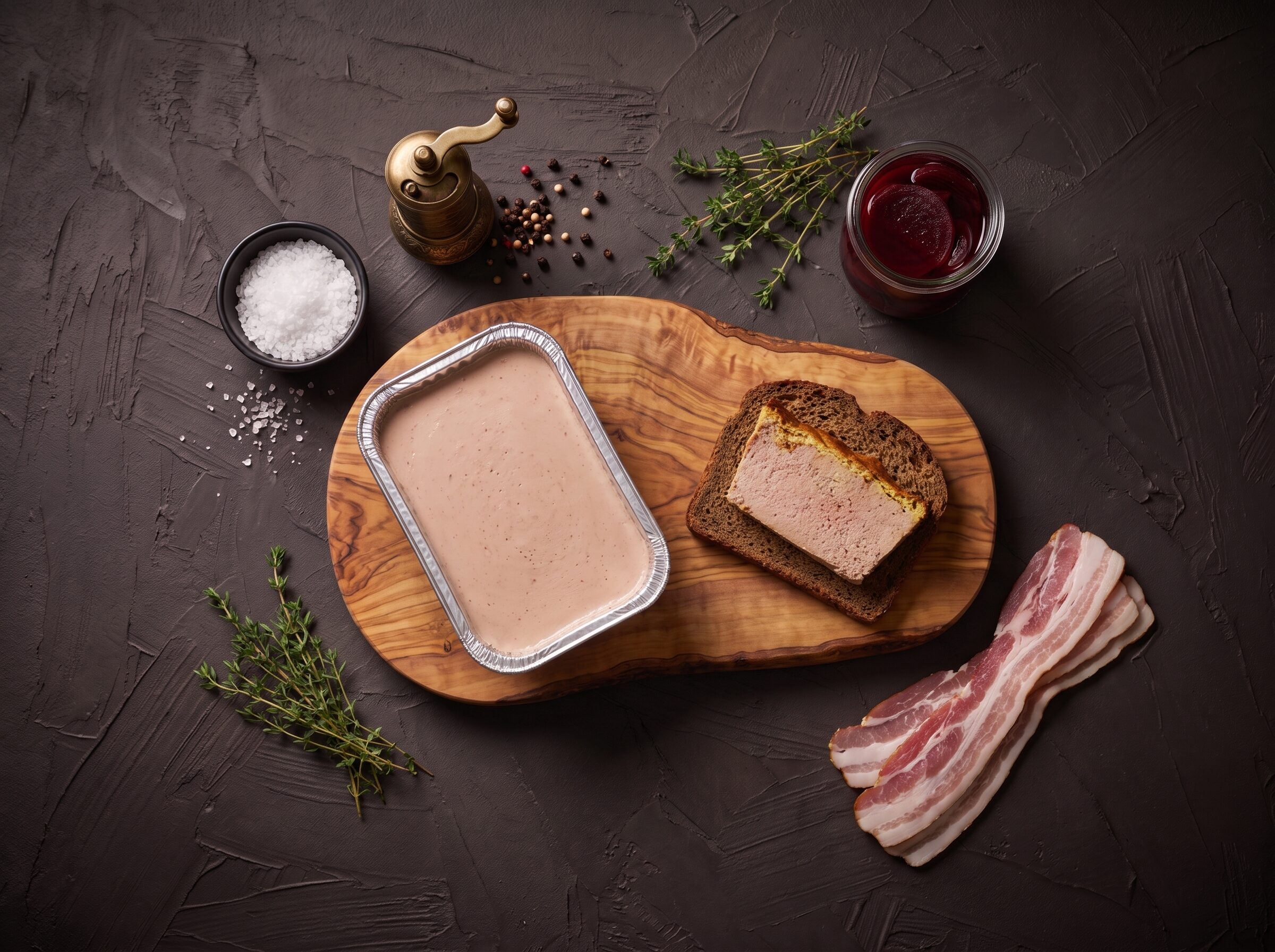 Kalveleverpostej med rugbrød, bacon og rødbeder