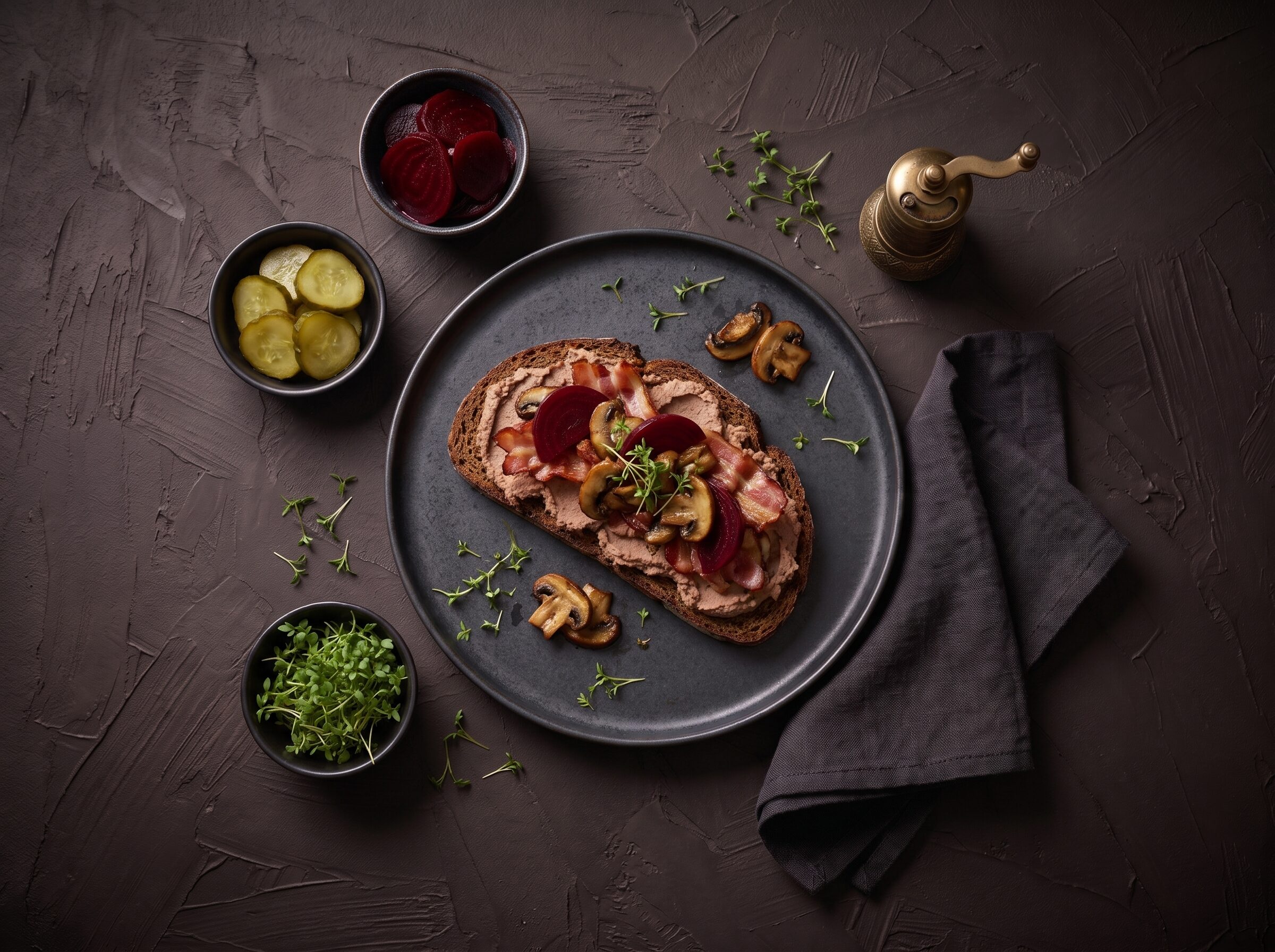 Rugbrød med lun leverpostej, bacon, svampe og rødbeder