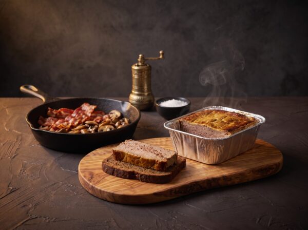 Nybagt kalveleverpostej med sprød bacon og svampe