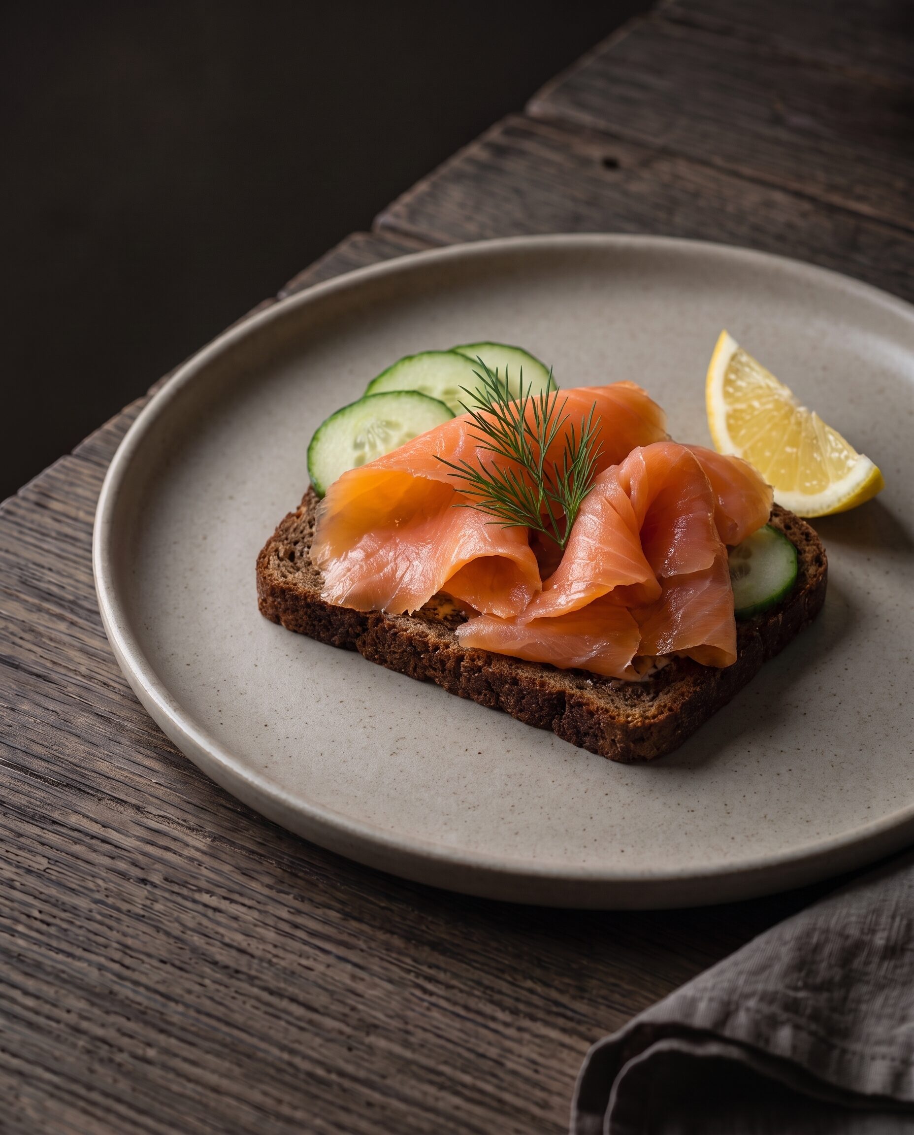 Smørrebrød med koldrøget laks på rugbrød med agurk, dild og citron.