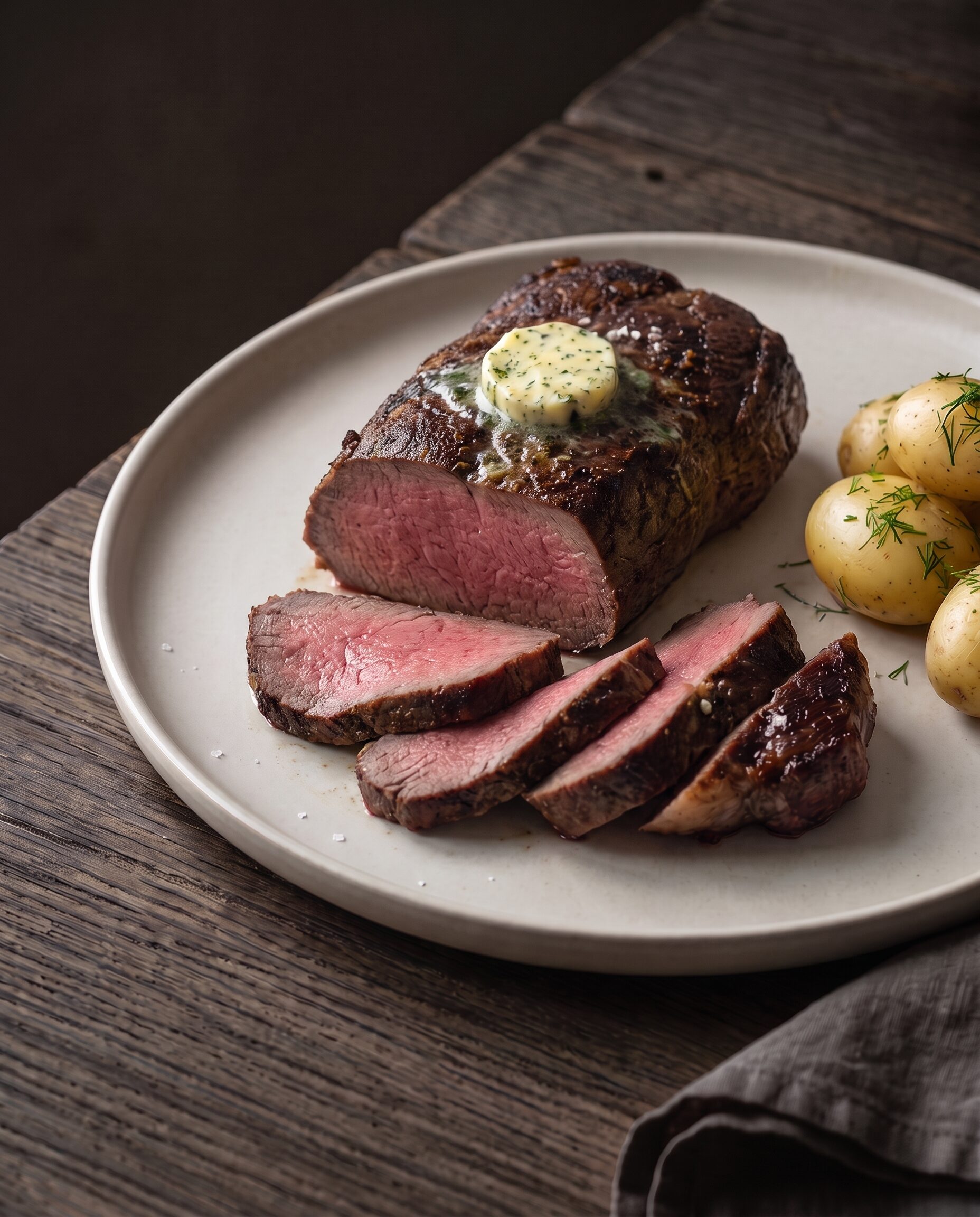 Ovnstegt filet af dansk krondyr skåret i skiver med rosa midte, serveret med nye kartofler, dild og kryddersmør.